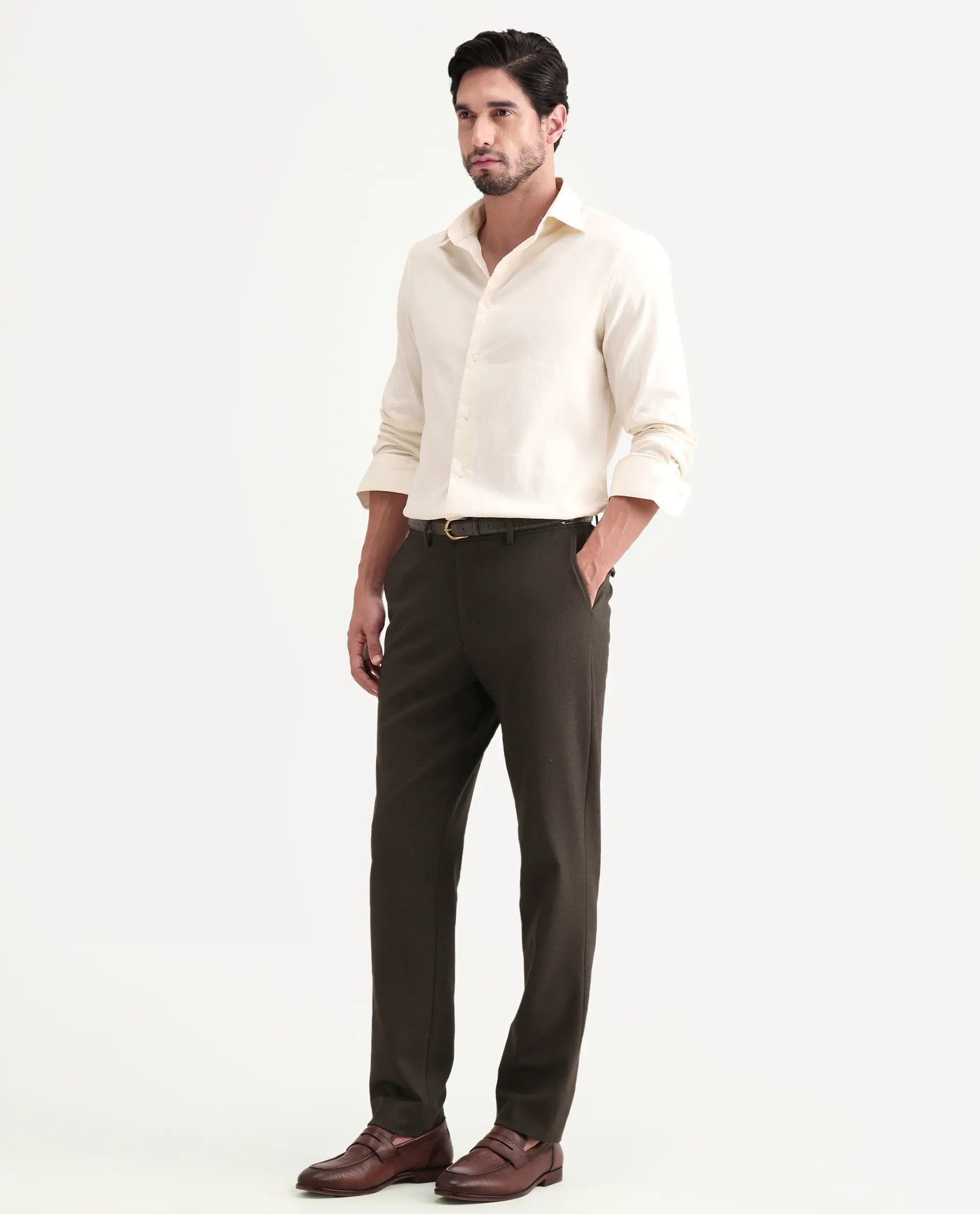 Rare Rabbit Men's Austi-Ss26 Dark Olive Polyester Blend Fabric Regular Fit Plain Trouser