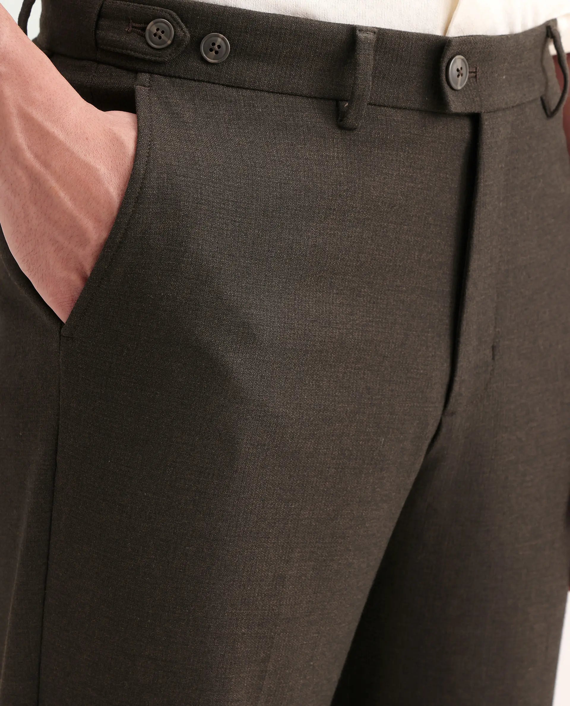 Rare Rabbit Men's Austi-Ss26 Dark Olive Polyester Blend Fabric Regular Fit Plain Trouser