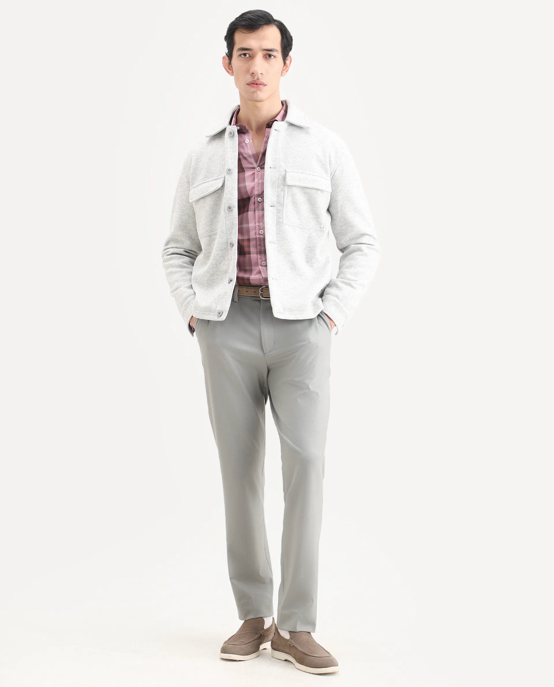 Rare Rabbit Men's Austi-Ss26 Grey Polyester Blend Fabric Regular Fit Plain Trouser