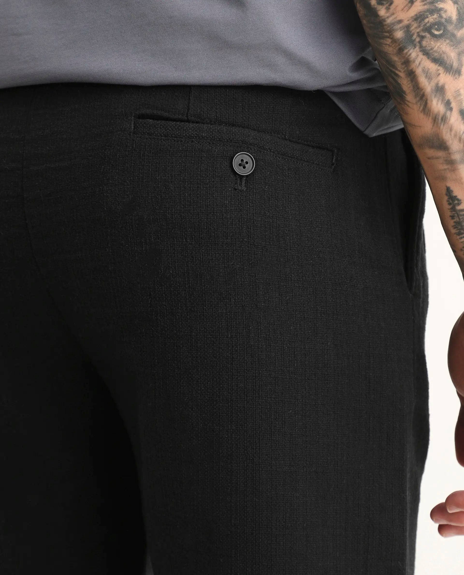 Rare Rabbit Men's Neux Black Cotton Fabric Regular Fit Textured Trouser