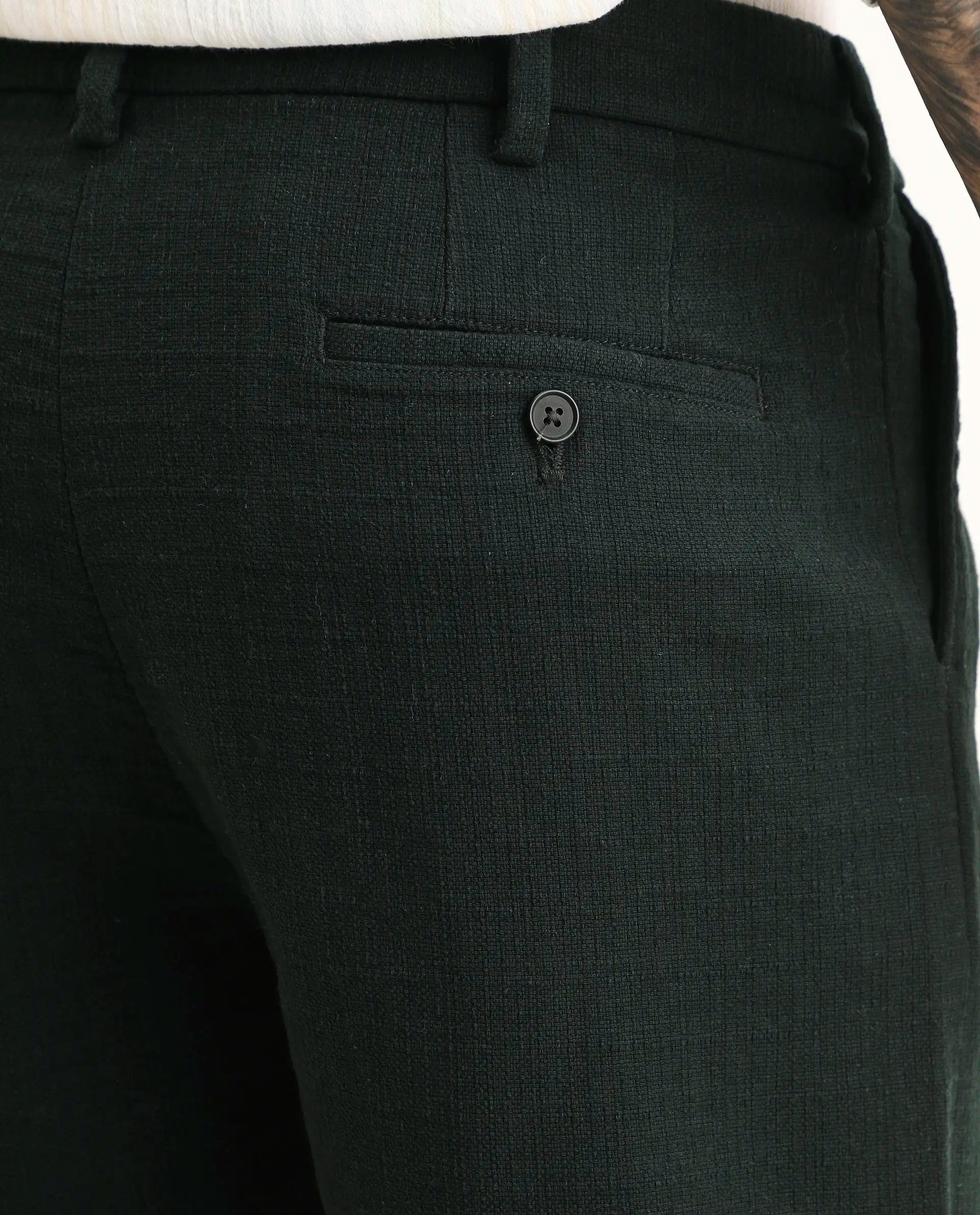 Rare Rabbit Men's Neux Dark Green Cotton Fabric Regular Fit Textured Trouser