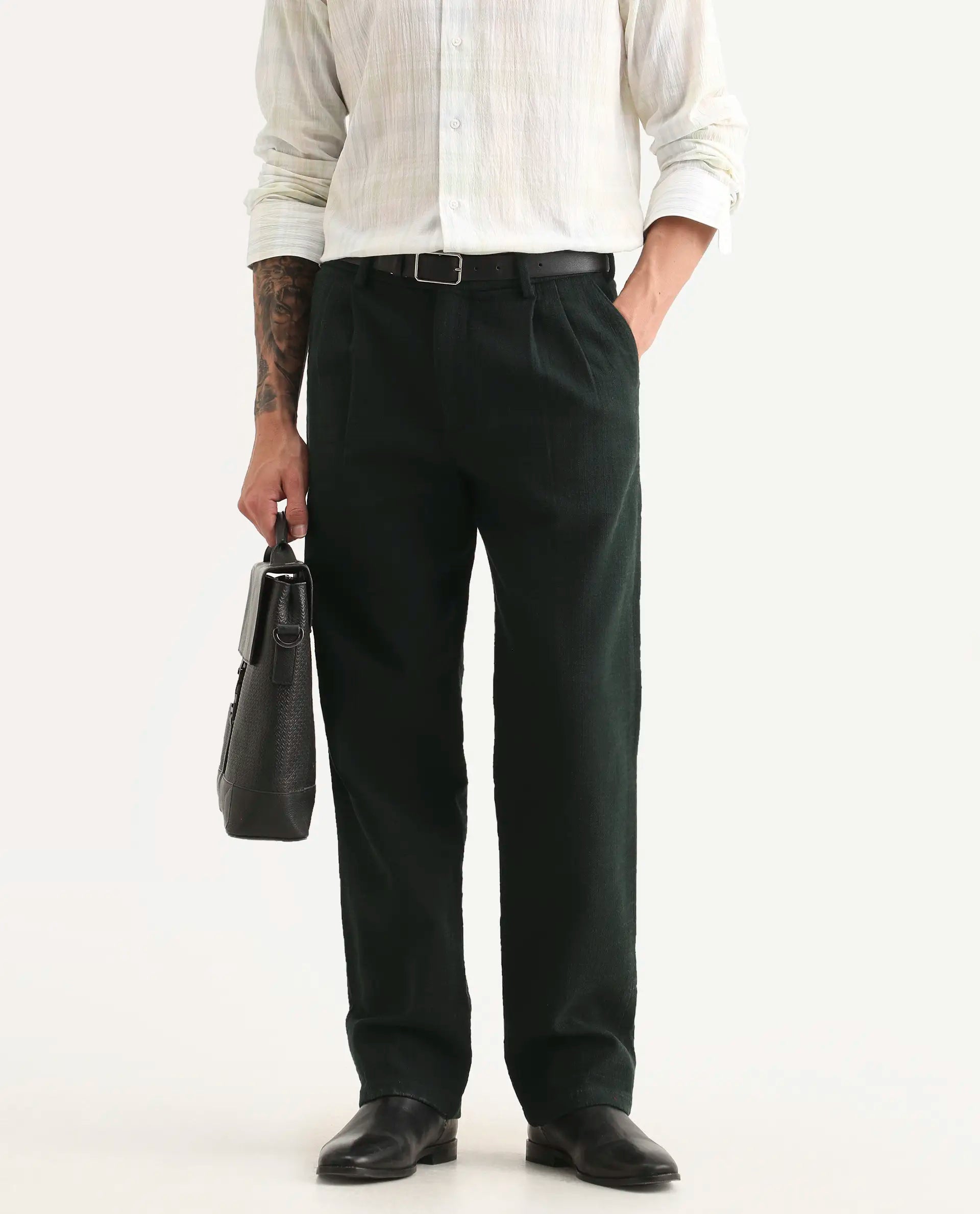 Rare Rabbit Men's Neux Dark Green Cotton Fabric Regular Fit Textured Trouser