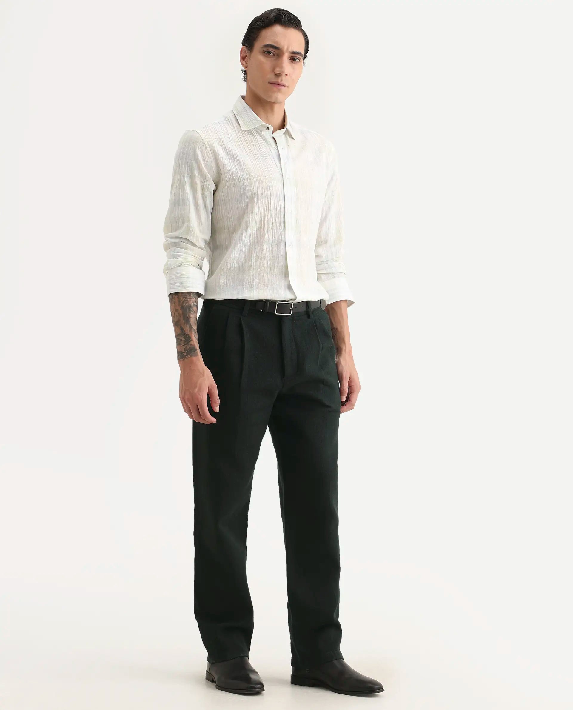 Rare Rabbit Men's Neux Dark Green Cotton Fabric Regular Fit Textured Trouser