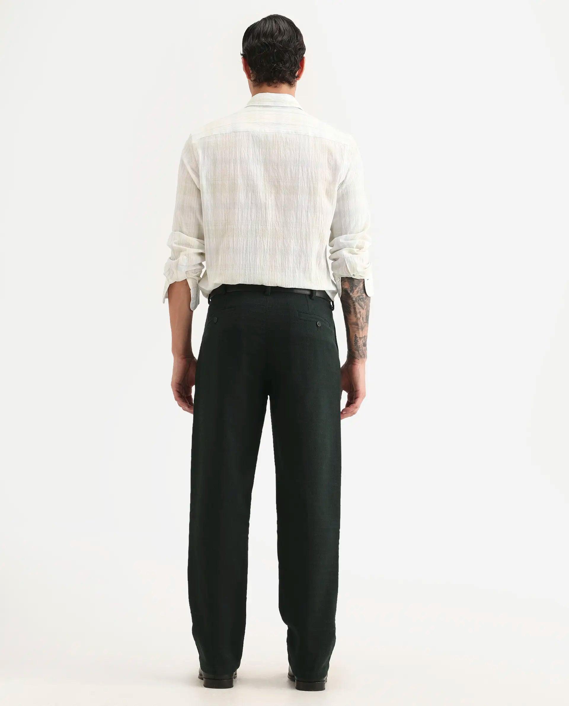 Rare Rabbit Men's Neux Dark Green Cotton Fabric Regular Fit Textured Trouser