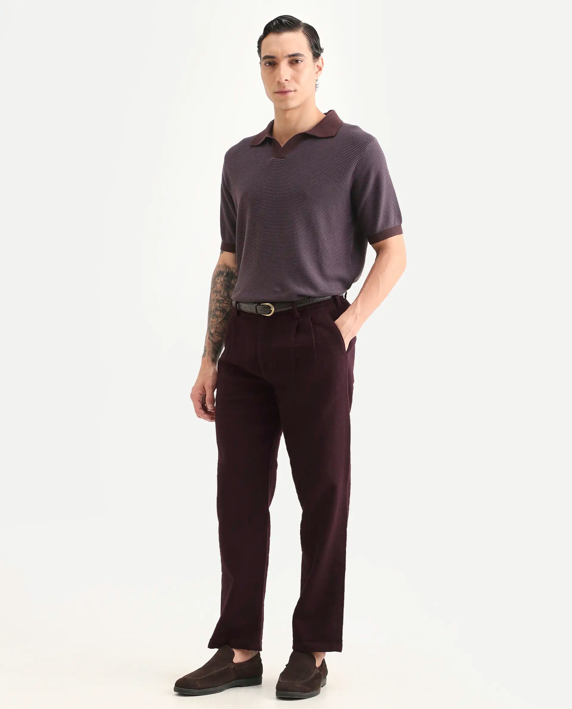 Rare Rabbit Men's Neux Dark Maroon Cotton Fabric Regular Fit Textured Trouser