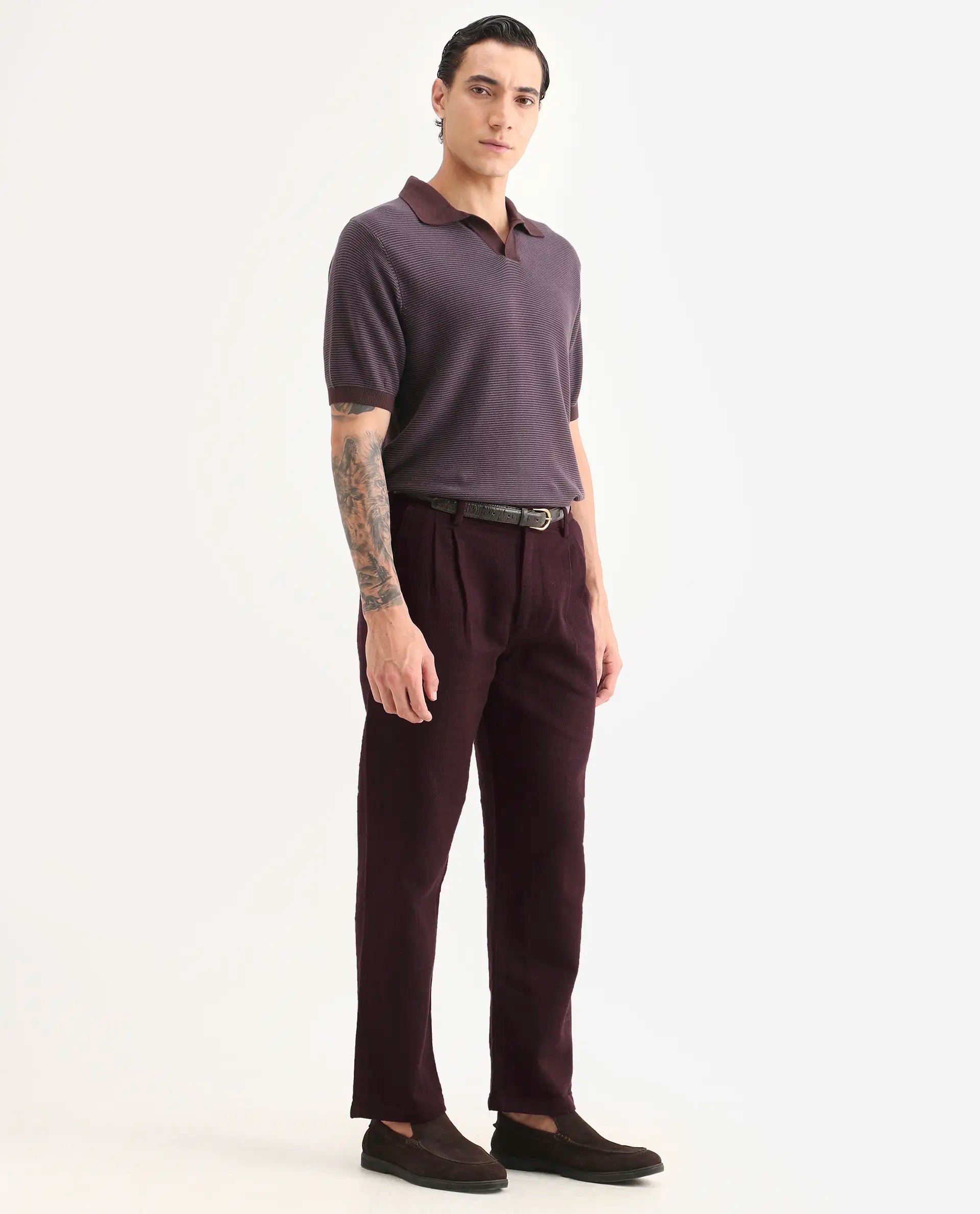 Rare Rabbit Men's Neux Dark Maroon Cotton Fabric Regular Fit Textured Trouser