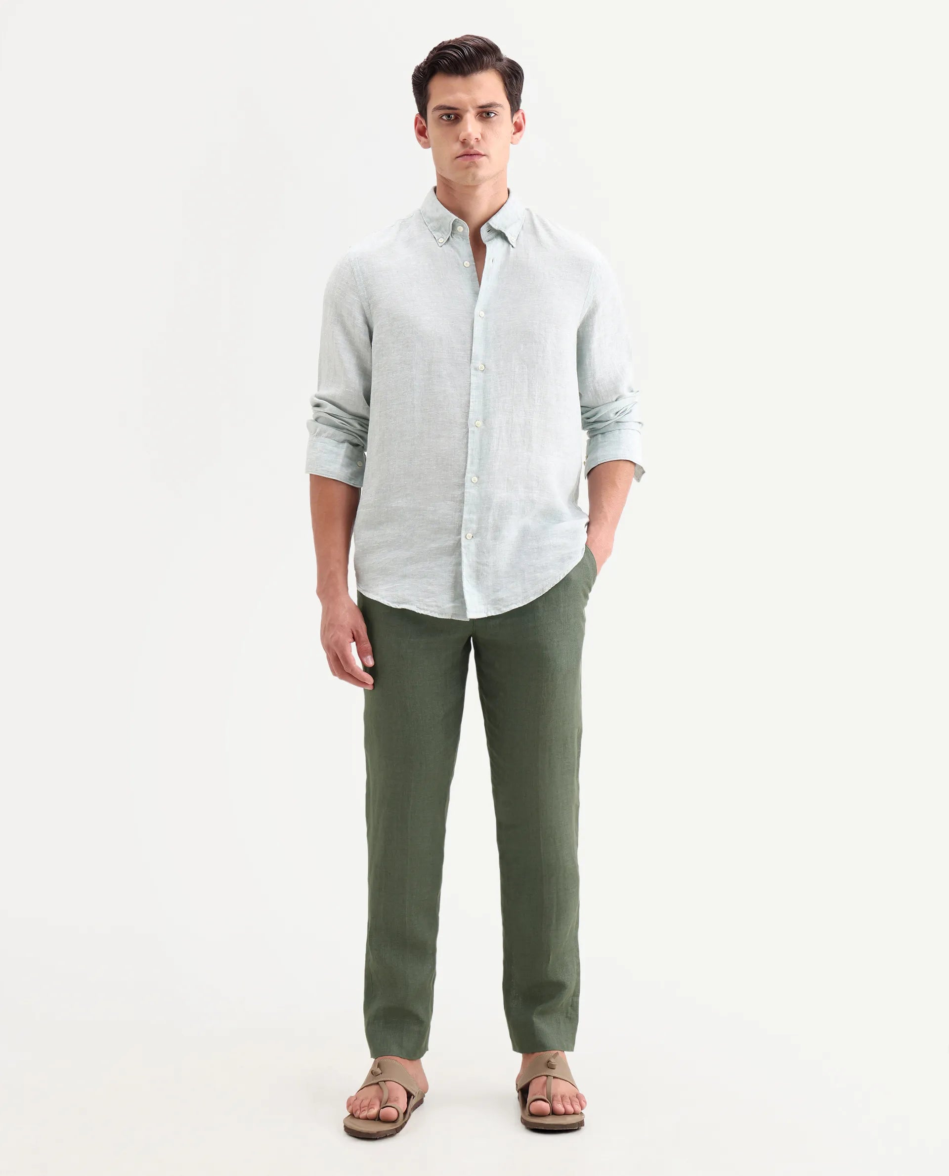 Rare Rabbit Men's Borium-T Dusky Green Linen Fabric Regular Fit Plain Trouser