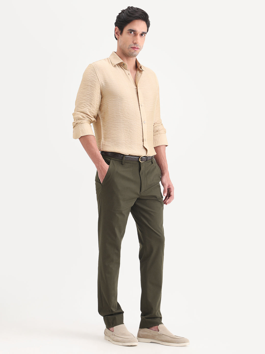 Rare Rabbit Men's Arcade-Ss26 Olive Polyester Blend Fabric Regular Fit Plain Trouser