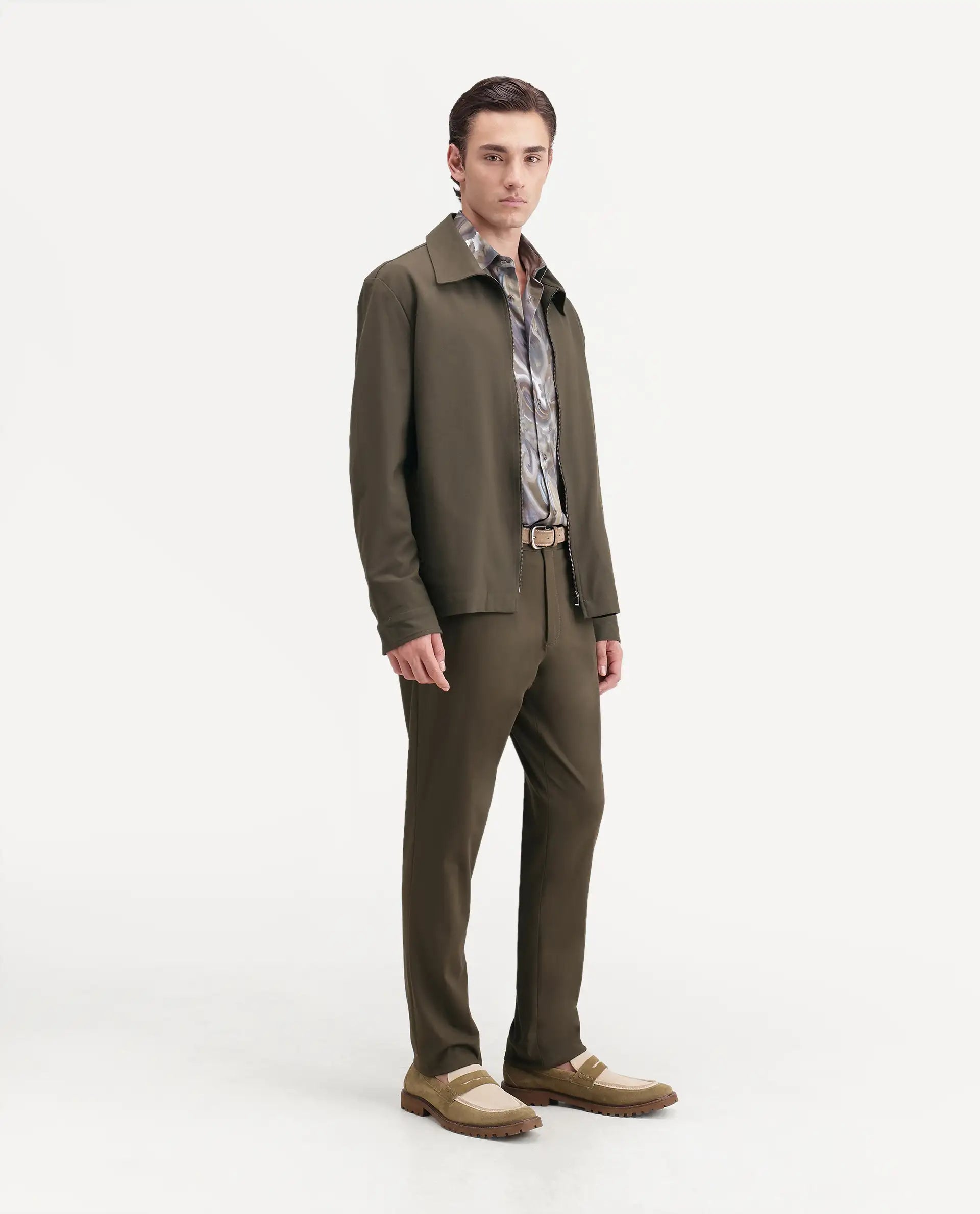 Rare Rabbit Men's Arcade-Ss26 Olive Polyester Blend Fabric Regular Fit Plain Trouser