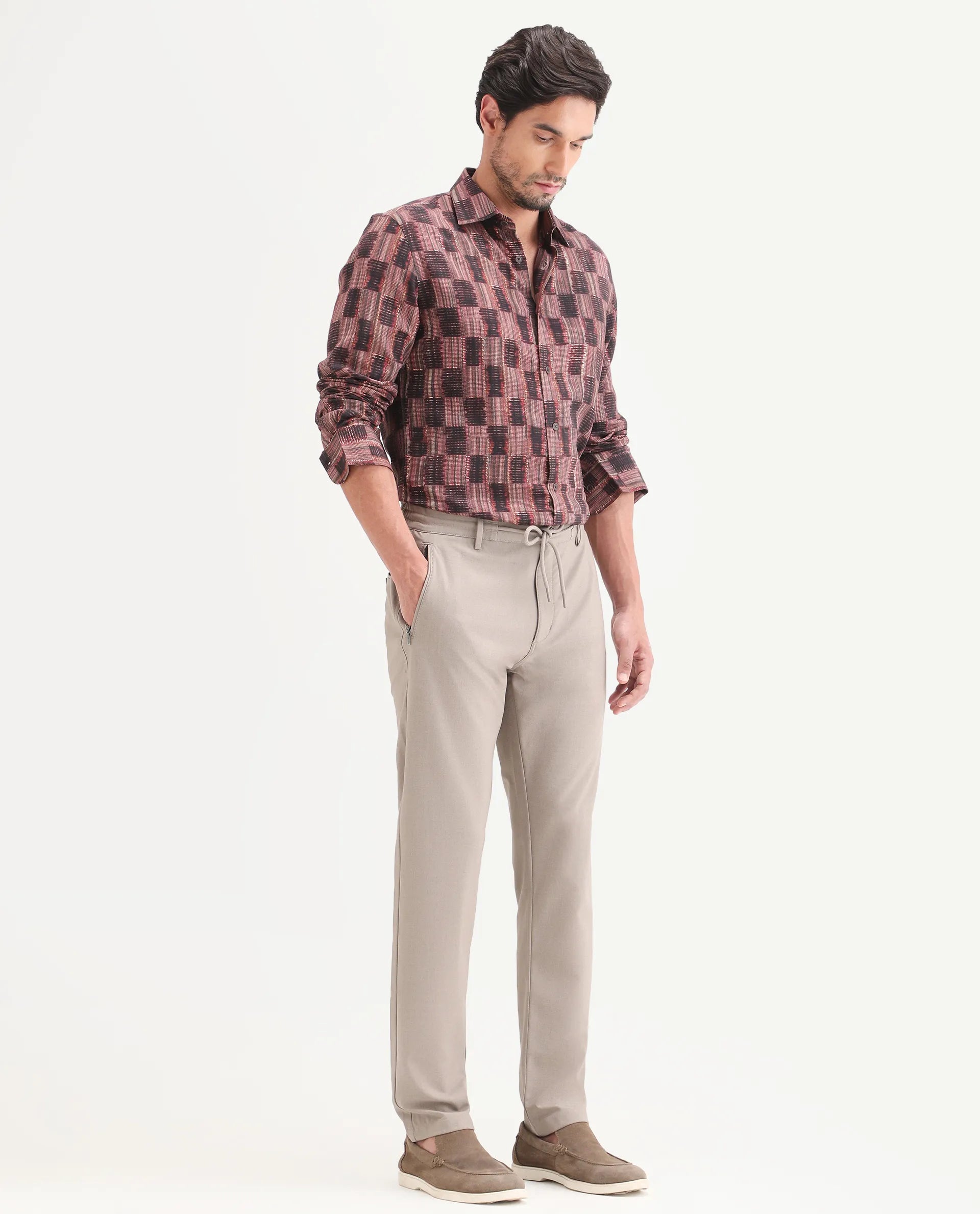Rare Rabbit Men's Move-Ss26 Light Beige Polyester Blend Fabric Regular Fit Plain Trouser