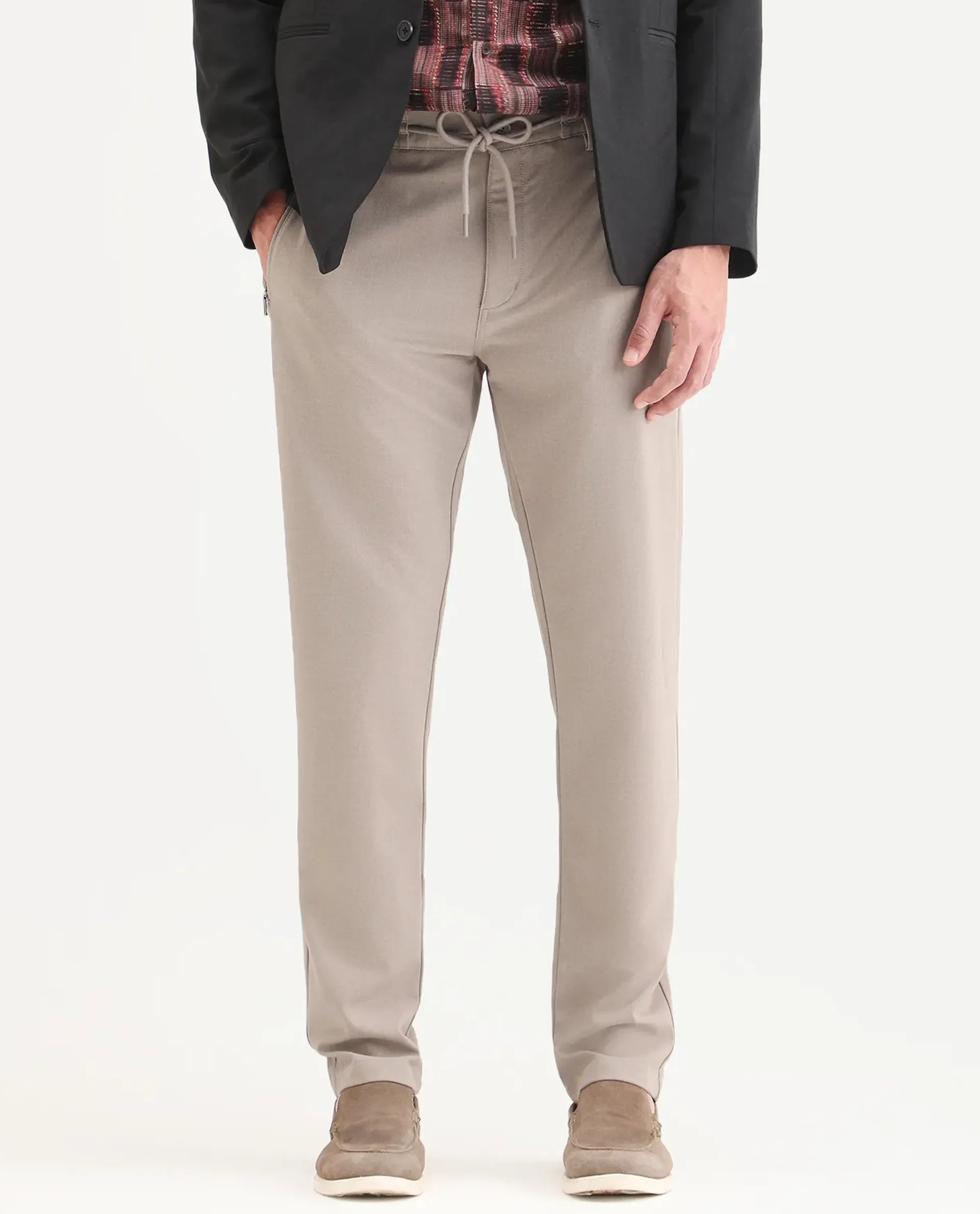 Rare Rabbit Men's Move-Ss26 Light Beige Polyester Blend Fabric Regular Fit Plain Trouser