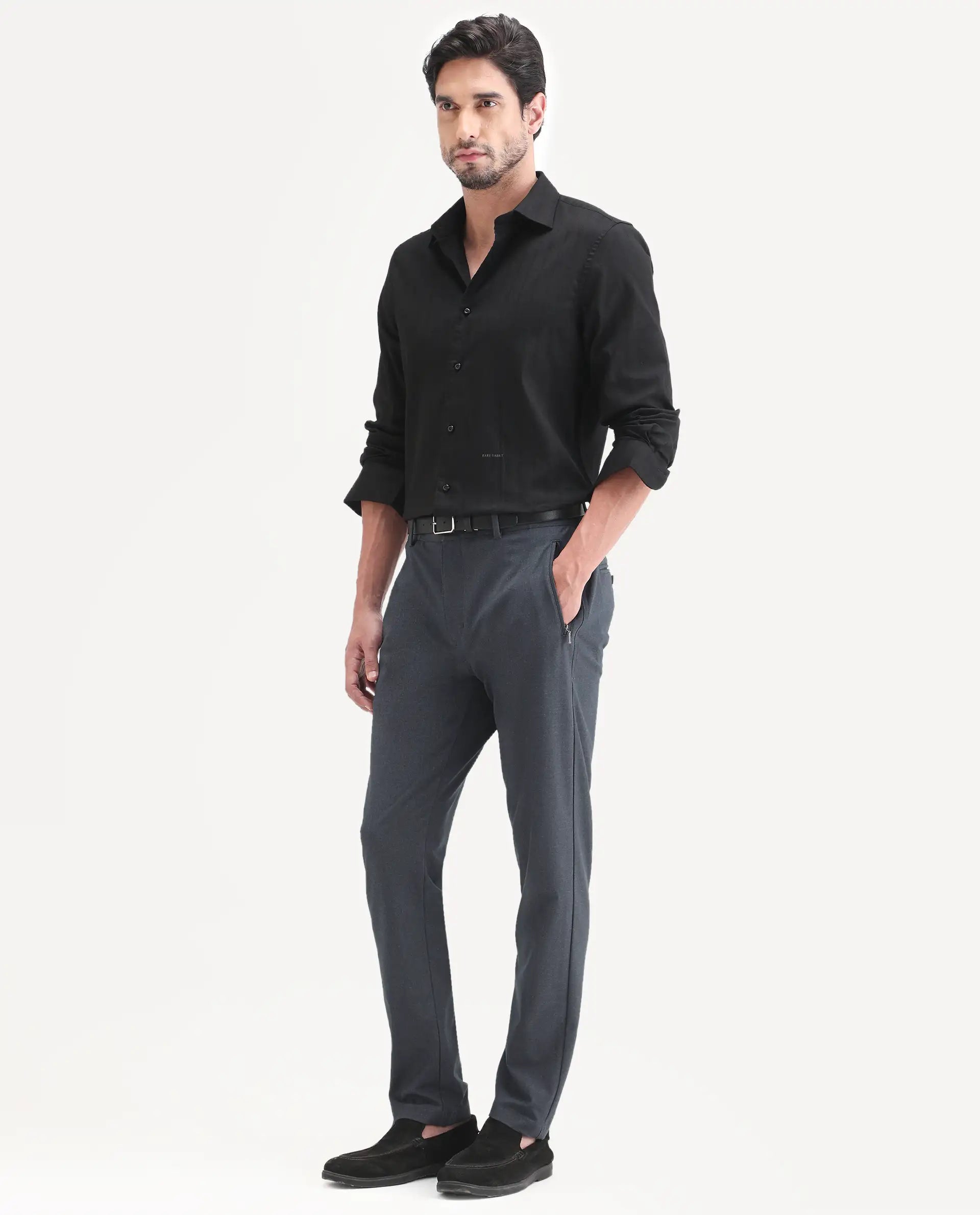 Rare Rabbit Men's Move-Ss26 Dark Navy Polyester Blend Fabric Regular Fit Plain Trouser