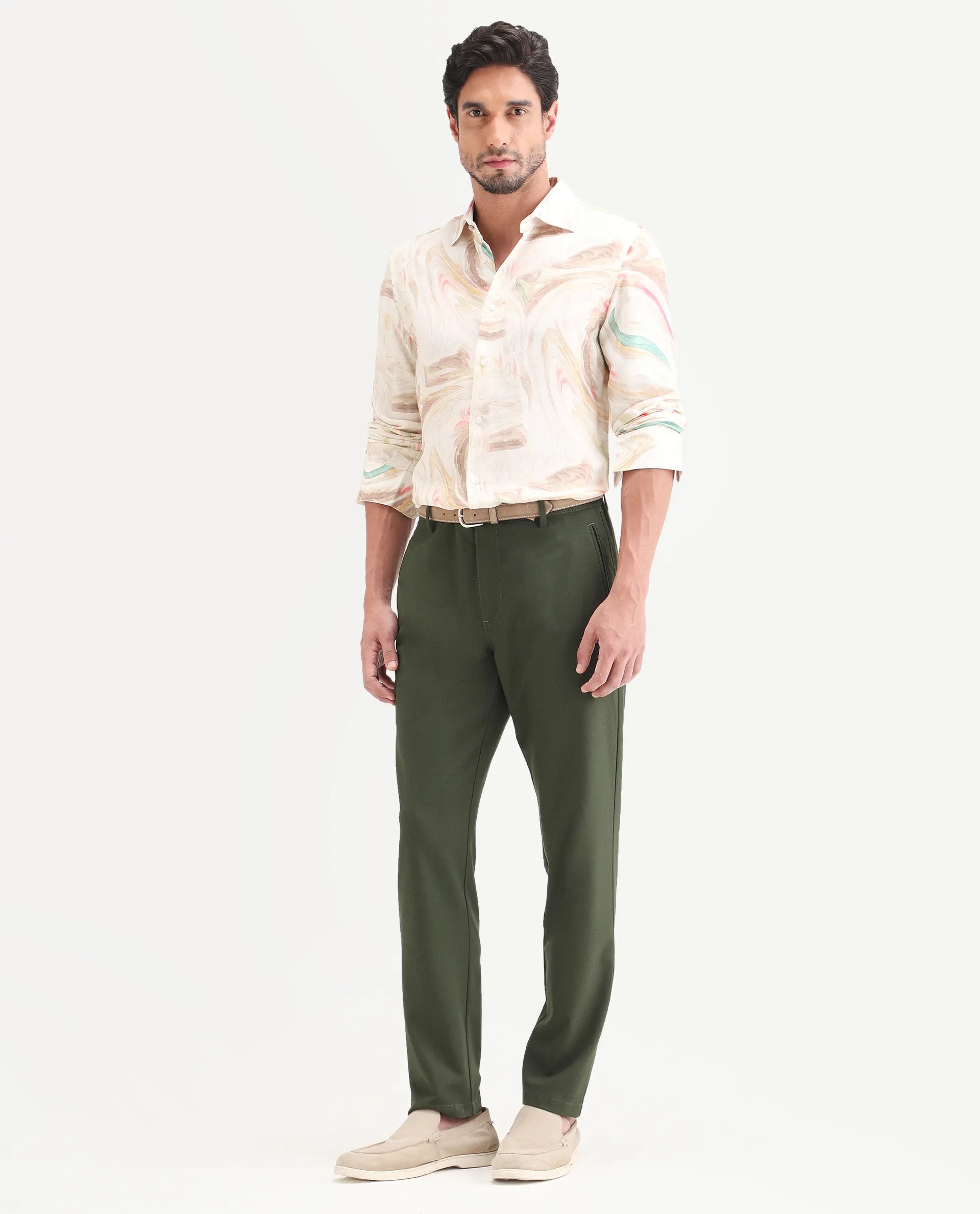 Rare Rabbit Men's Move-Ss26 Dark Olive Polyester Blend Fabric Regular Fit Plain Trouser