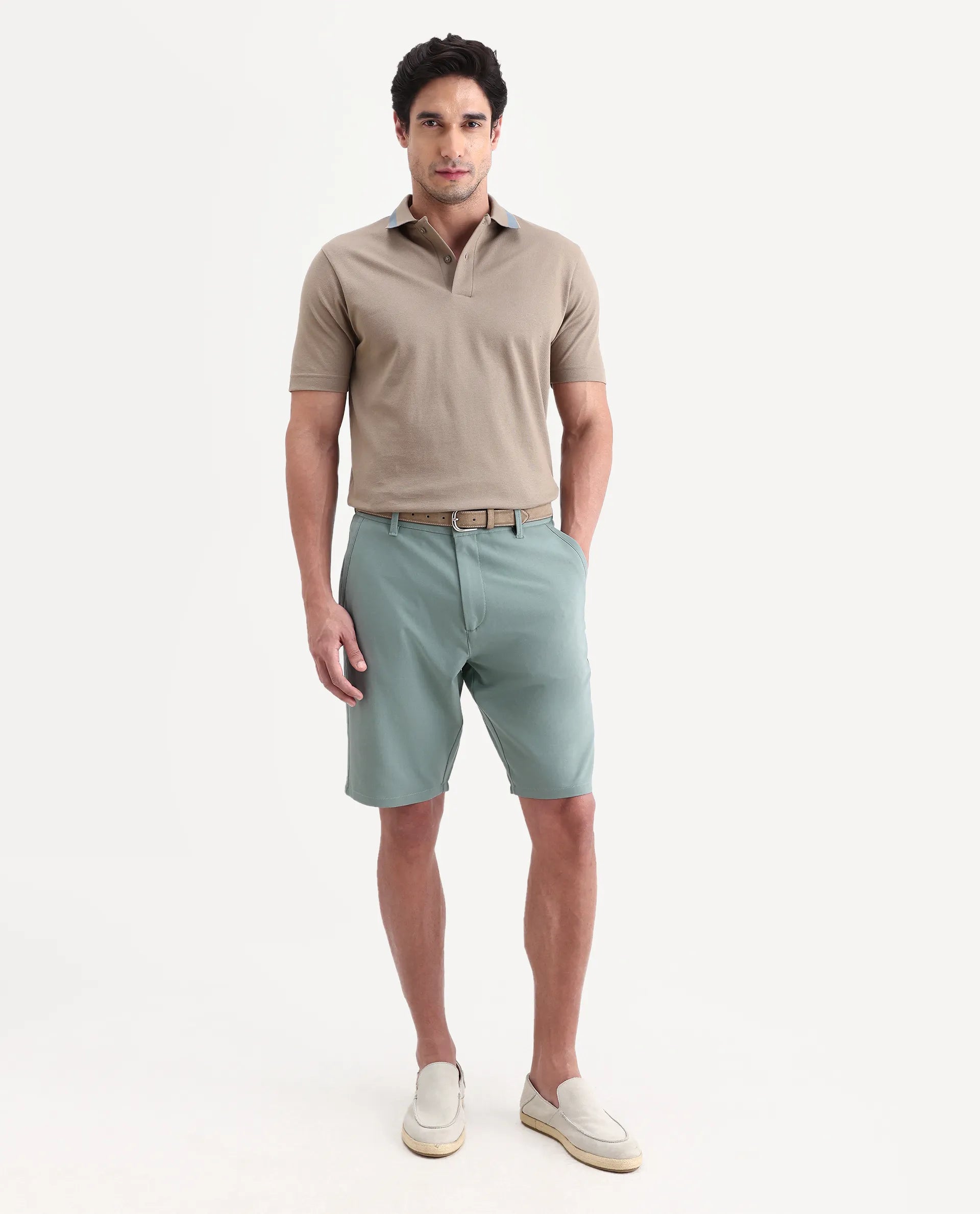 Rare Rabbit Men's Drivo-Ss26 Dusky Green Polyester Blend Fabric Regular Fit Plain Shorts