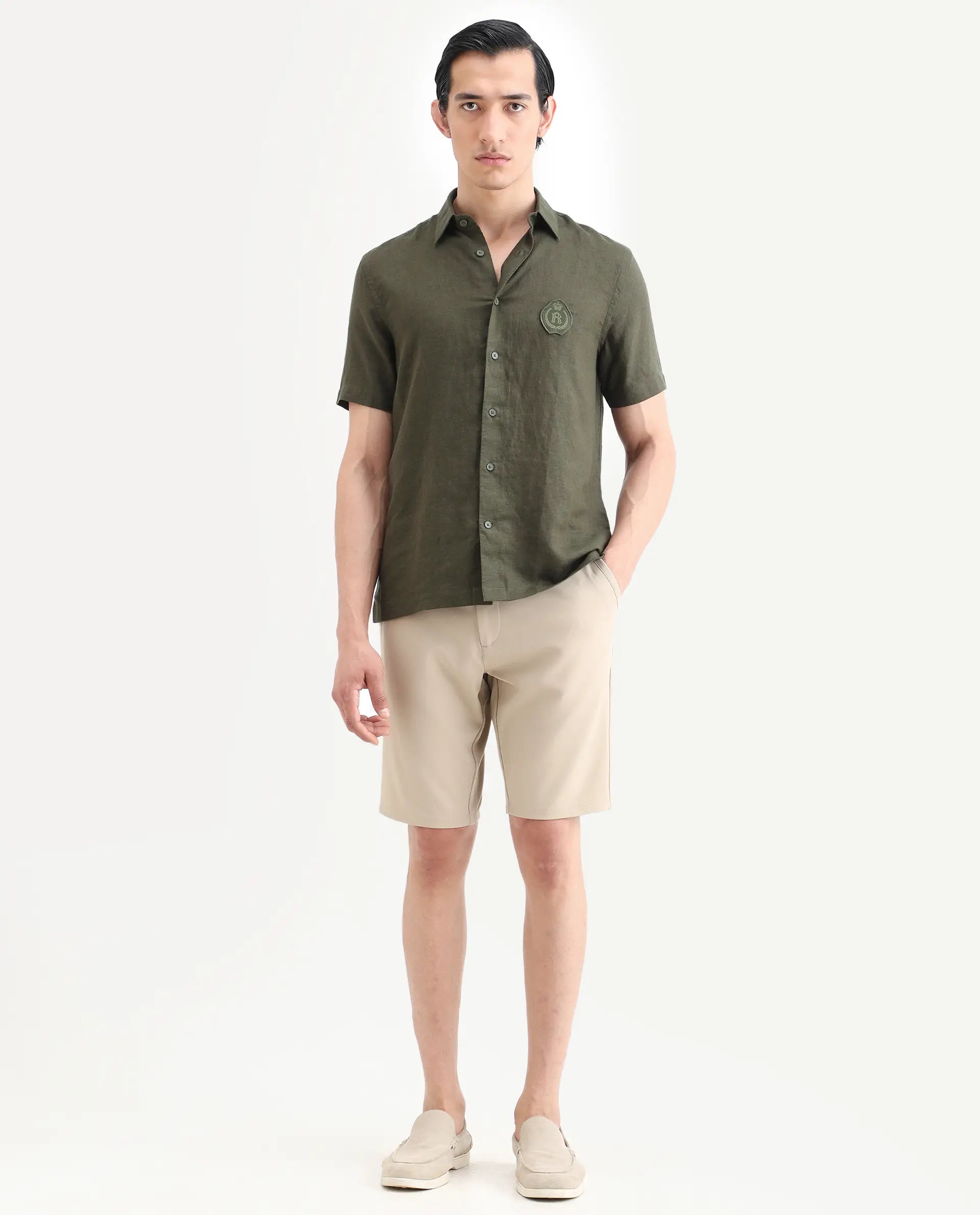 Rare Rabbit Men's Drivo-Ss26 Light Khaki Polyester Blend Fabric Regular Fit Plain Shorts