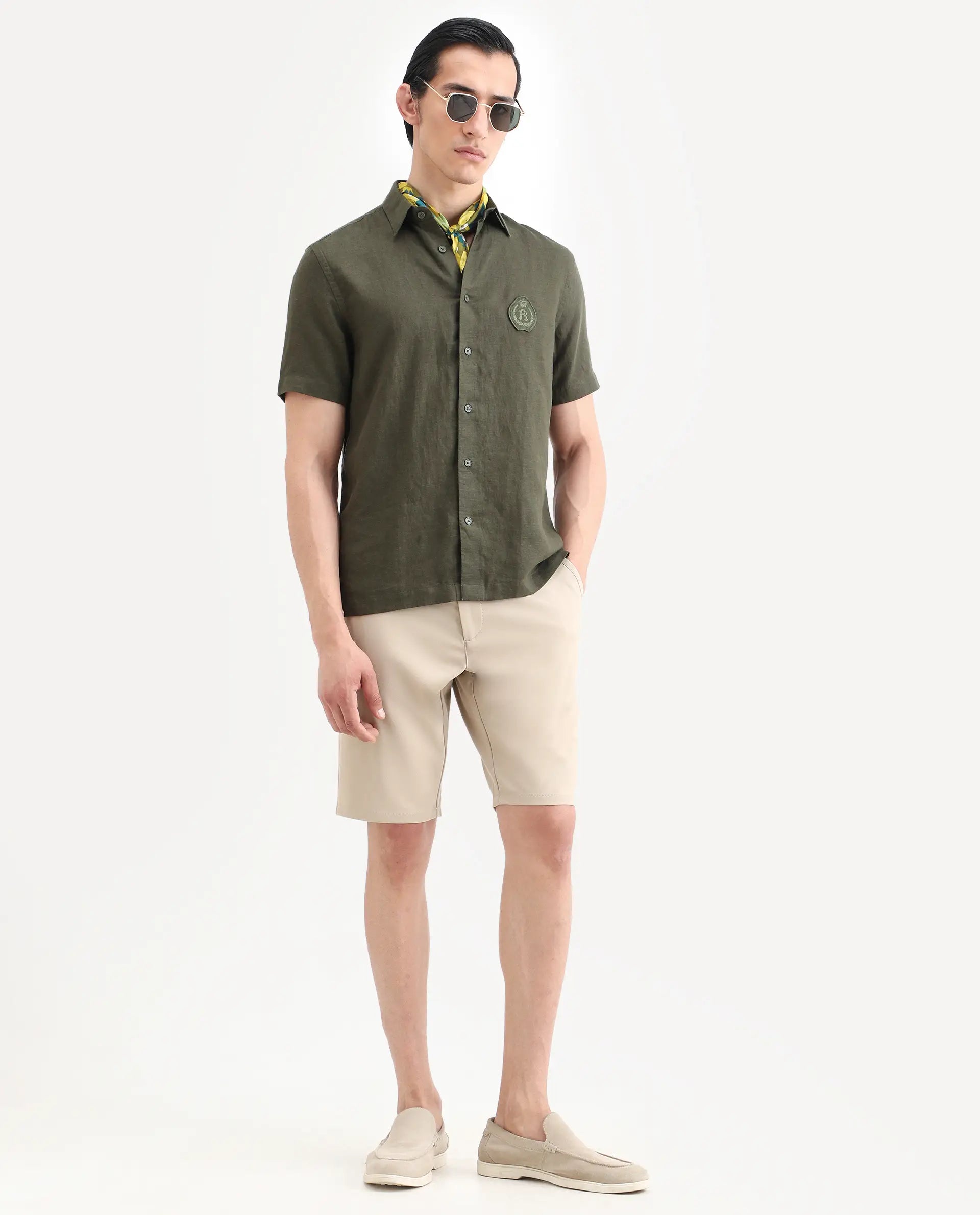 Rare Rabbit Men's Drivo-Ss26 Light Khaki Polyester Blend Fabric Regular Fit Plain Shorts