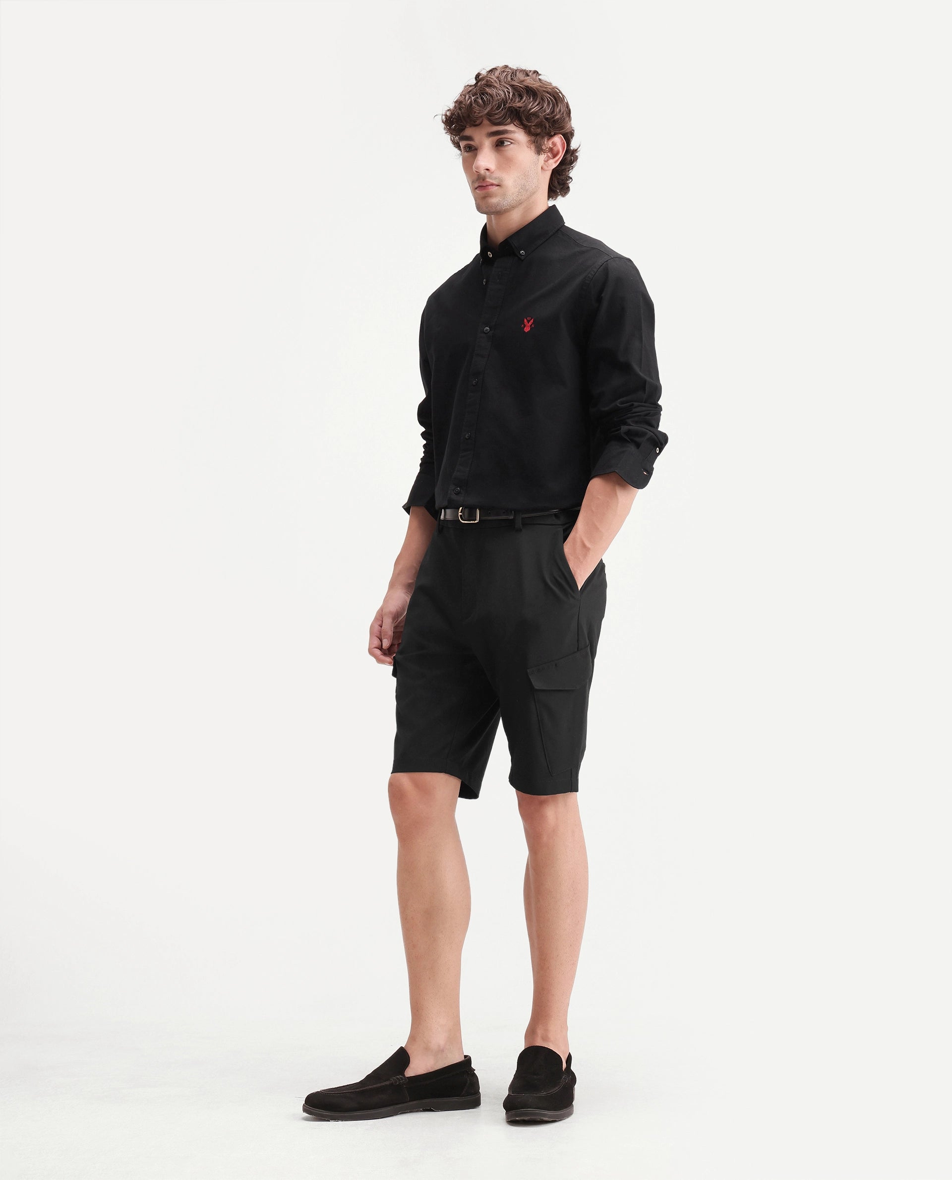 Rare Rabbit Men's Tripco-Ss26 Black Polyester Blend Fabric Relaxed Fit Plain Shorts