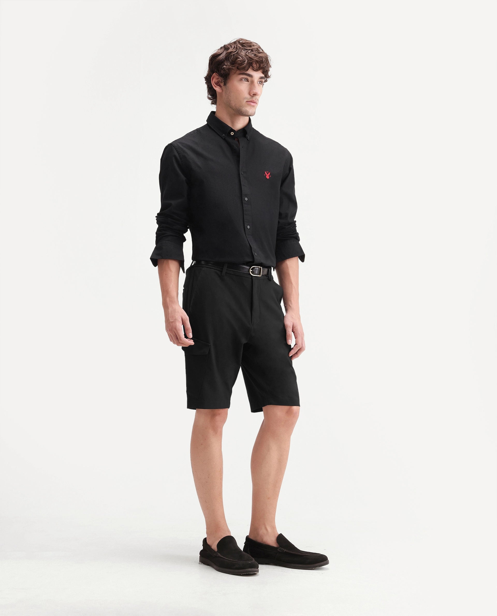 Rare Rabbit Men's Tripco-Ss26 Black Polyester Blend Fabric Relaxed Fit Plain Shorts