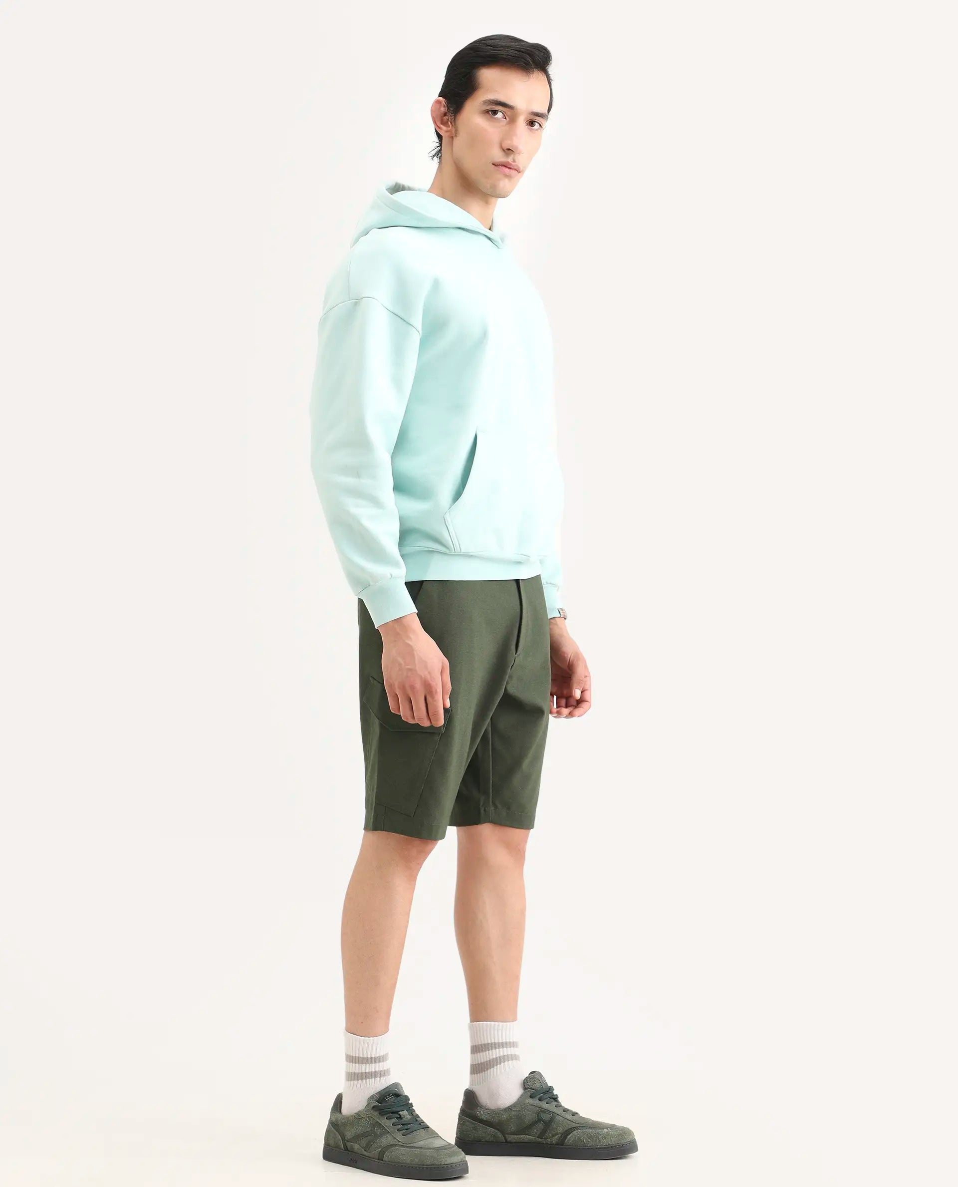 Rare Rabbit Men's Tripco-Ss26 Dark Olive Polyester Blend Fabric Relaxed Fit Plain Shorts