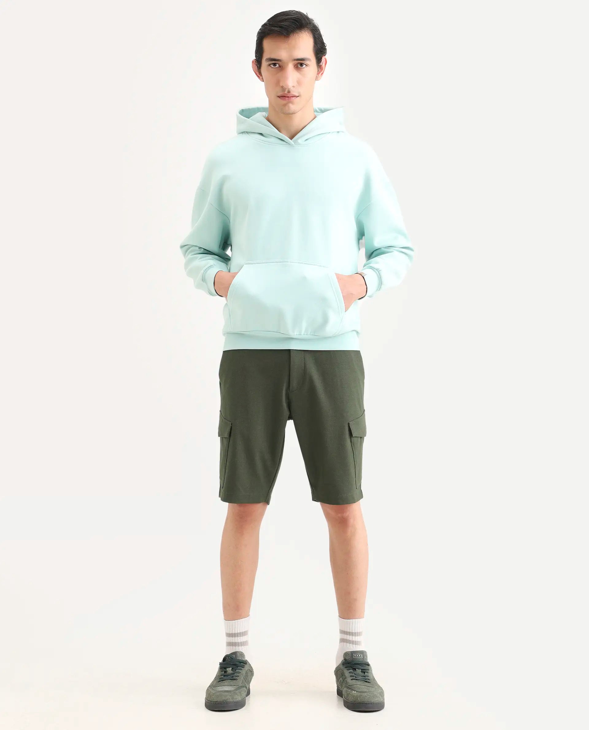 Rare Rabbit Men's Tripco-Ss26 Dark Olive Polyester Blend Fabric Relaxed Fit Plain Shorts