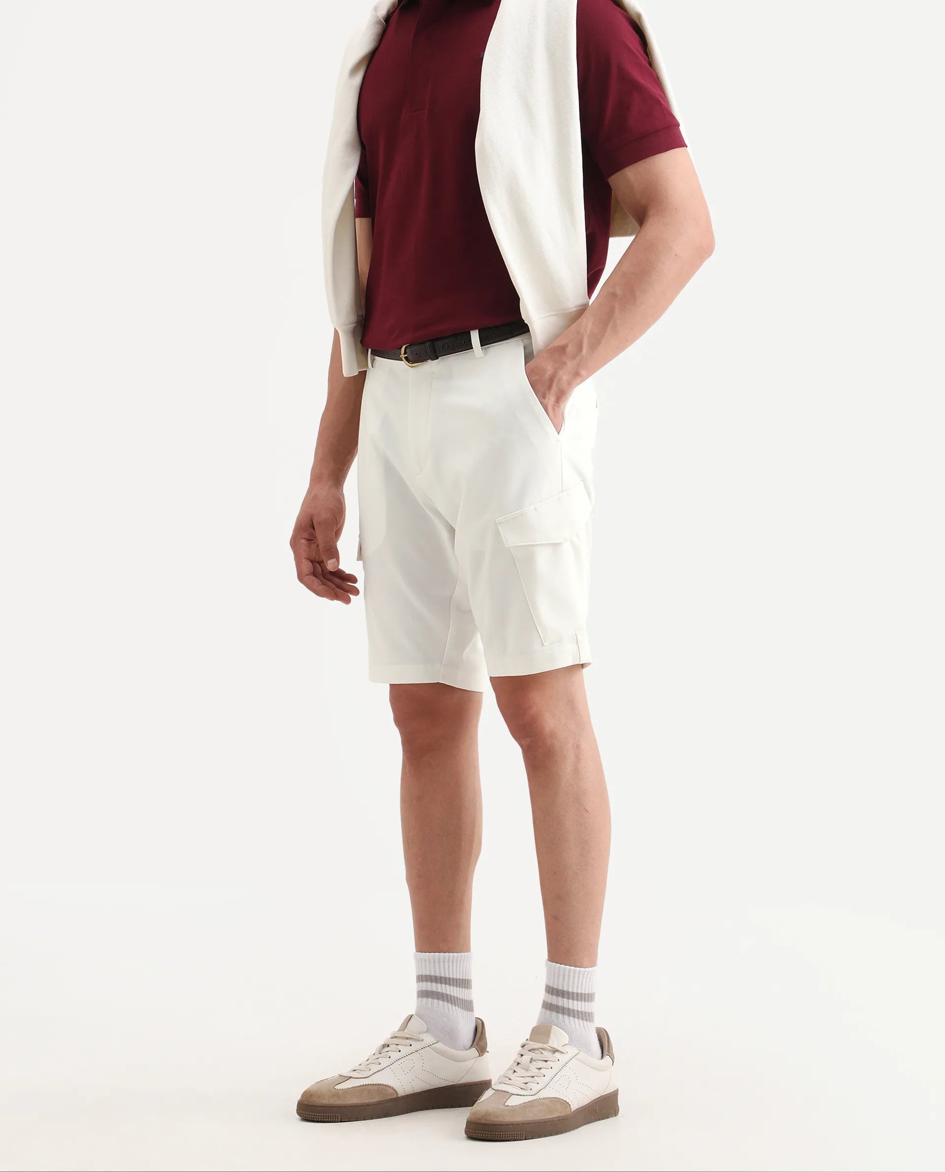 Rare Rabbit Men's Tripco-Ss26 White Polyester Blend Fabric Relaxed Fit Plain Shorts