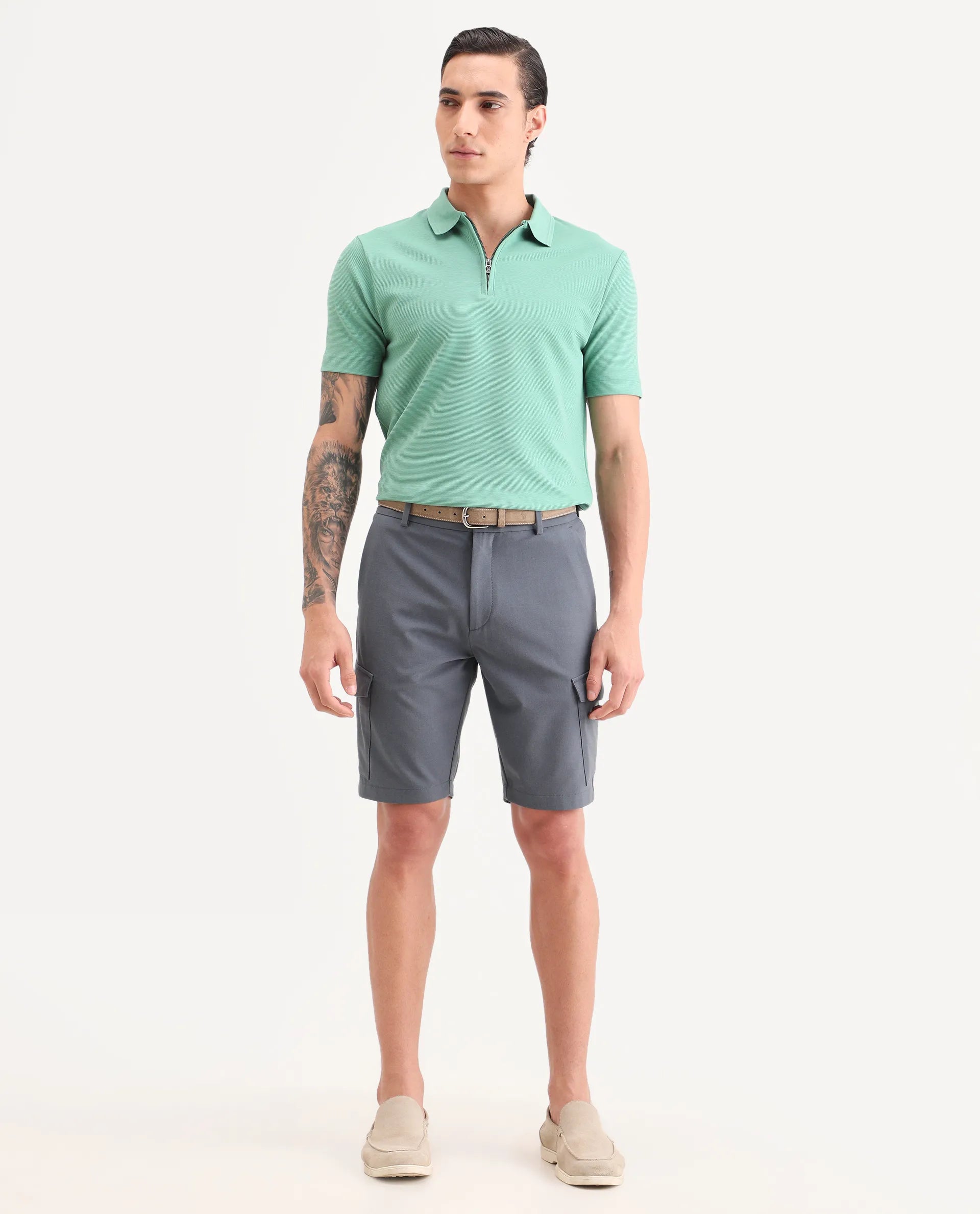 Rare Rabbit Men's Tripco-Ss26 Dusky Blue Polyester Blend Fabric Relaxed Fit Plain Shorts