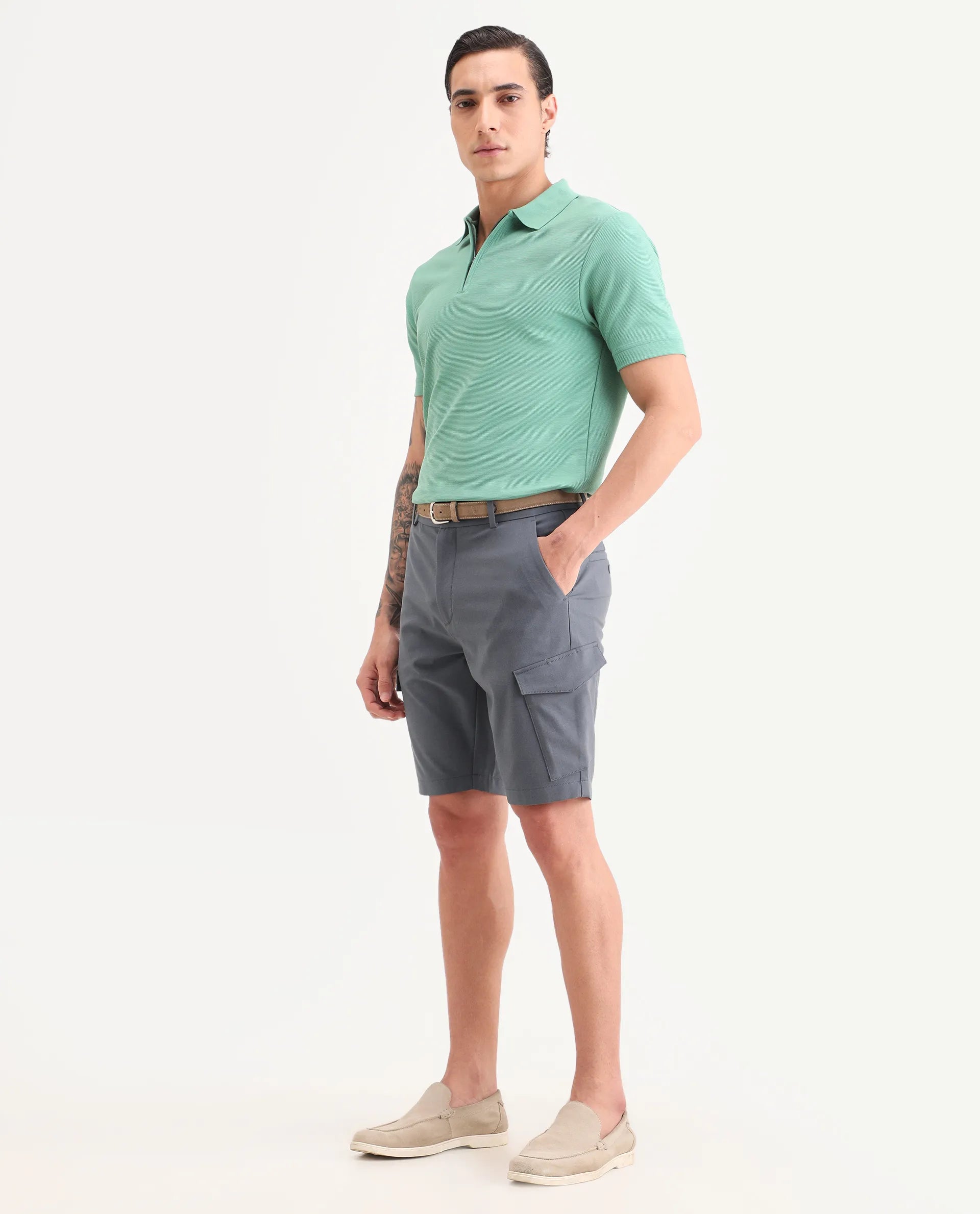 Rare Rabbit Men's Tripco-Ss26 Dusky Blue Polyester Blend Fabric Relaxed Fit Plain Shorts