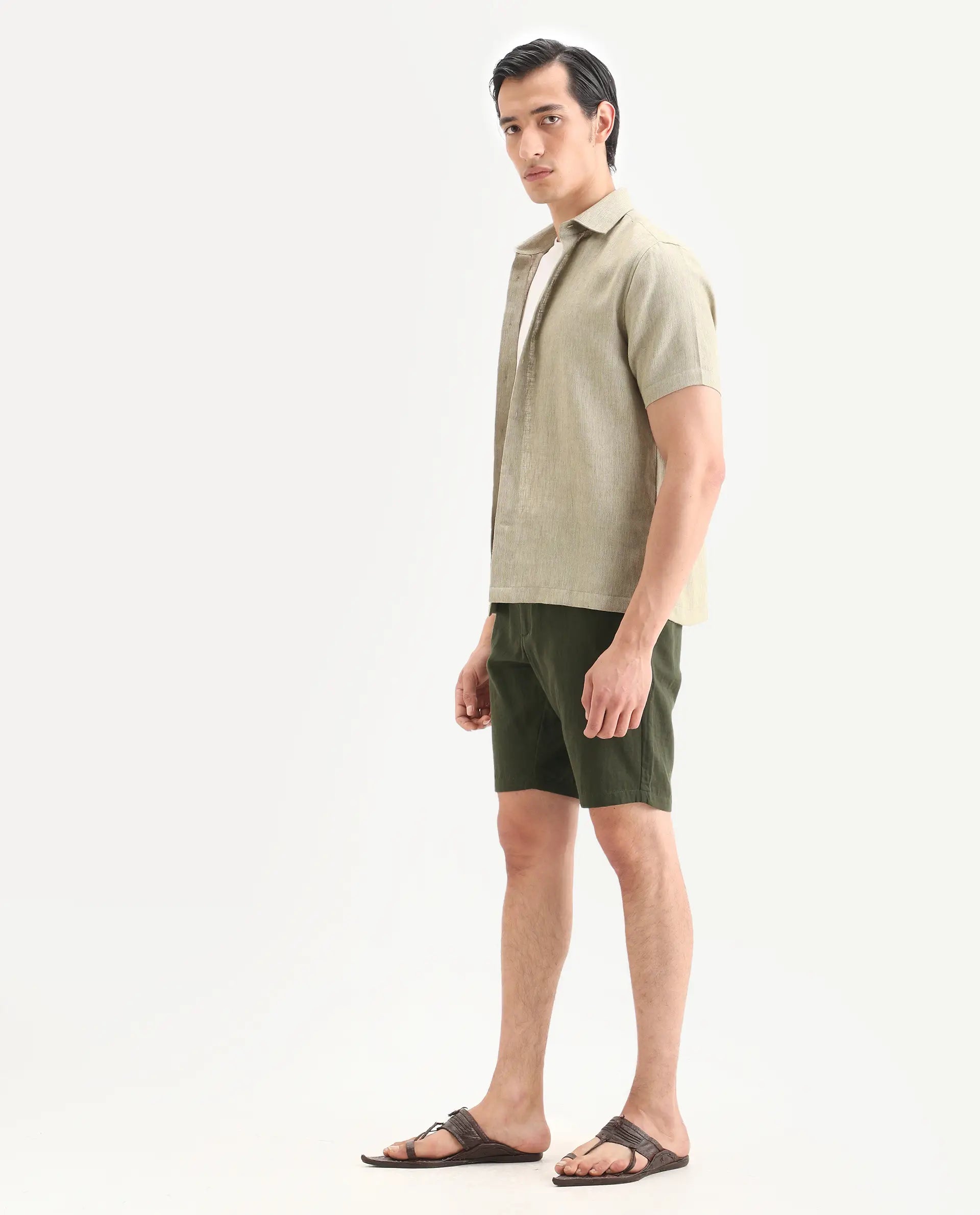 Rare Rabbit Men's Pinto-Ss26 Light Olive Cotton Fabric Drawstring Relaxed Fit Plain Shorts