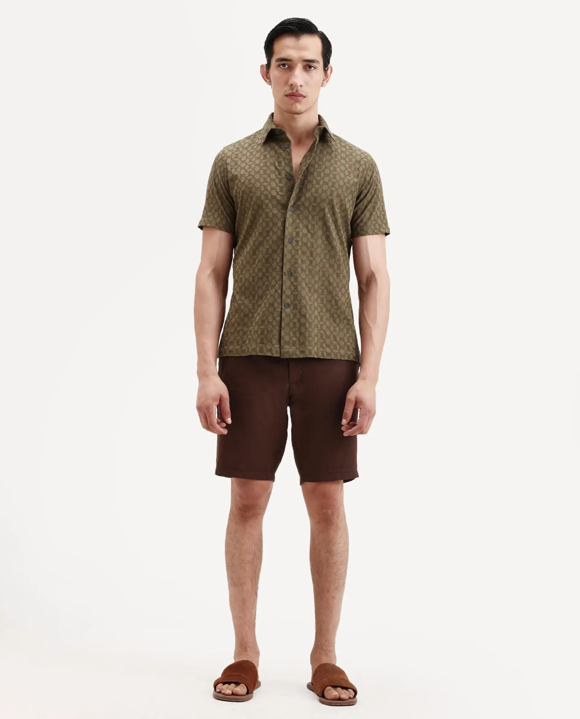 Rare Rabbit Men's Pinto-Ss26 Dark Brown Cotton Fabric Drawstring Relaxed Fit Plain Shorts