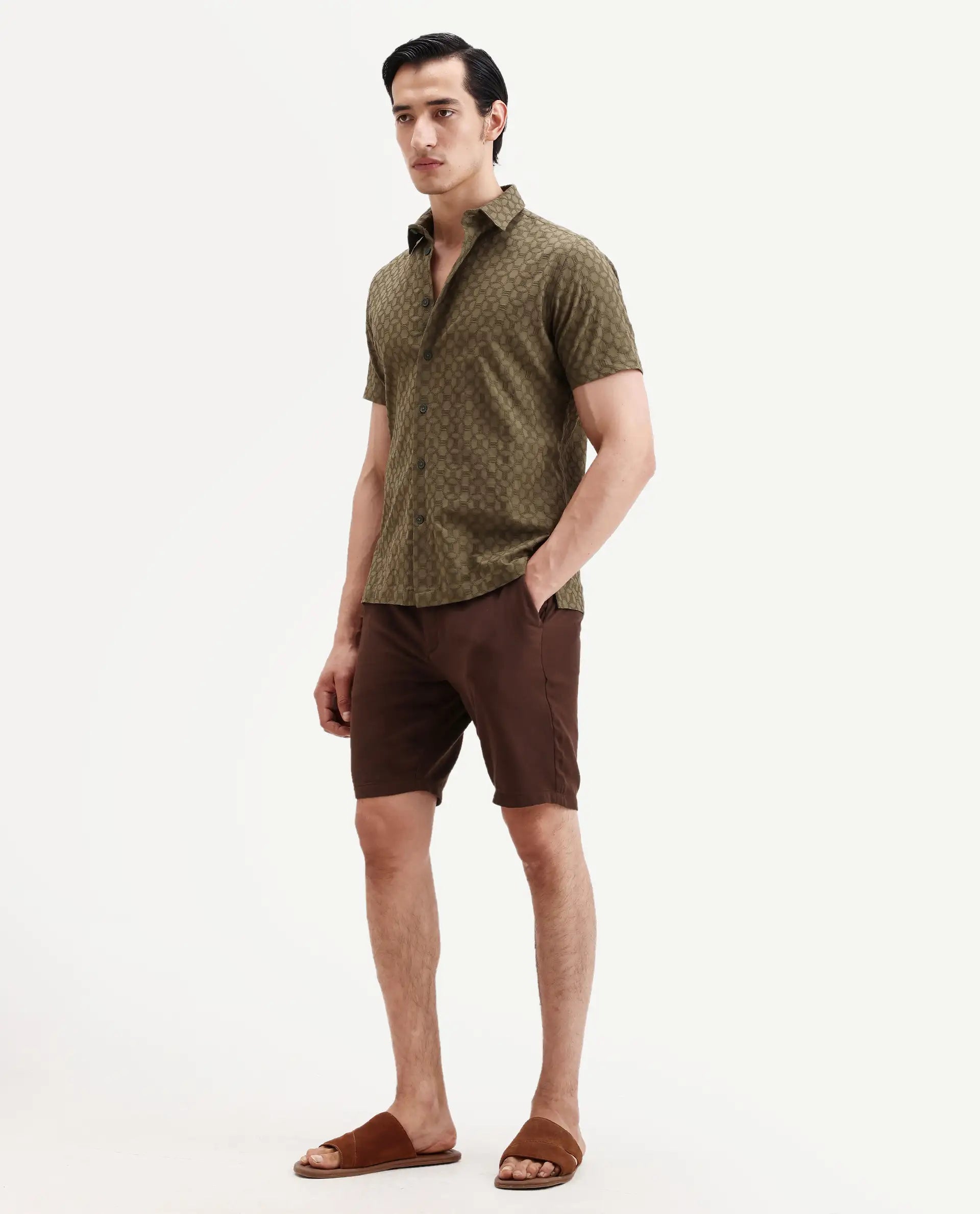 Rare Rabbit Men's Pinto-Ss26 Dark Brown Cotton Fabric Drawstring Relaxed Fit Plain Shorts