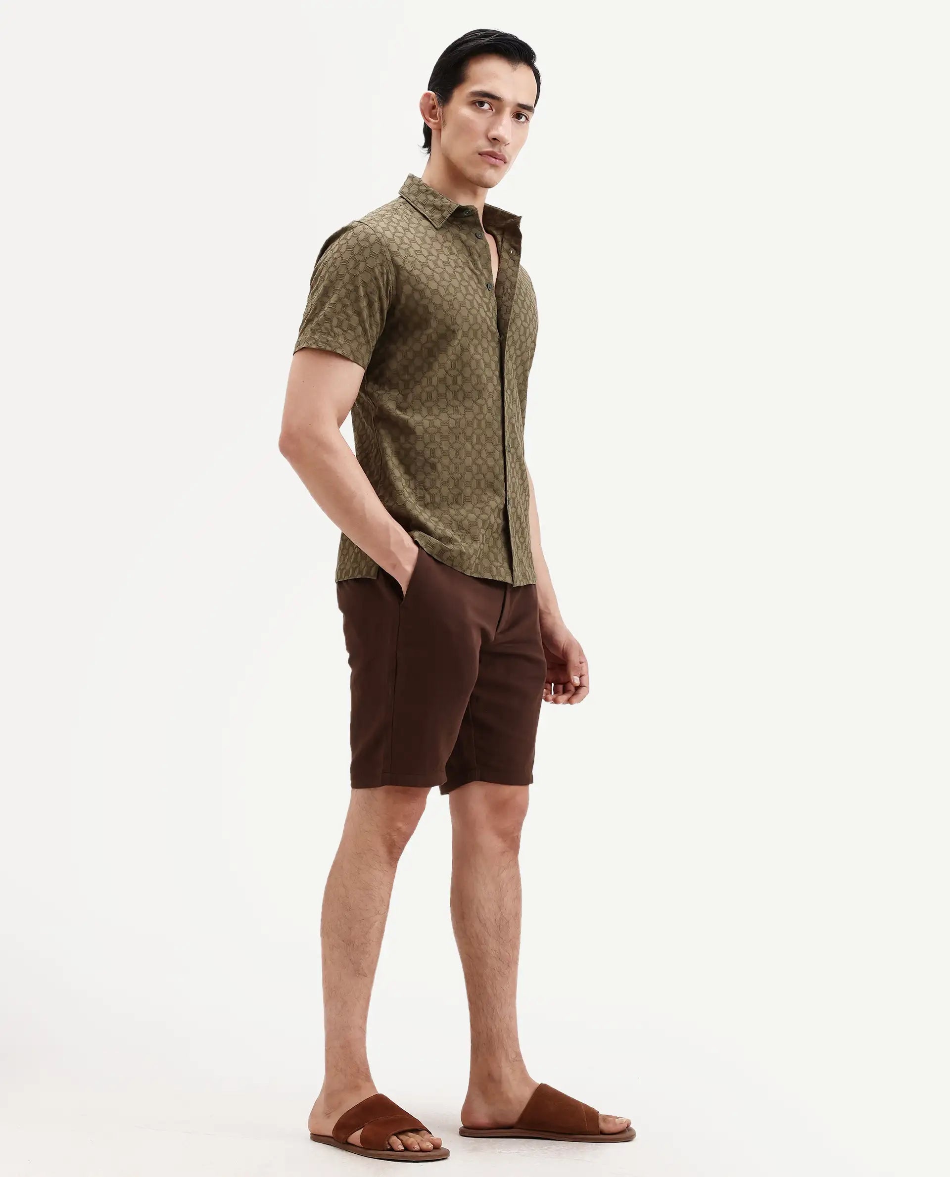 Rare Rabbit Men's Pinto-Ss26 Dark Brown Cotton Fabric Drawstring Relaxed Fit Plain Shorts