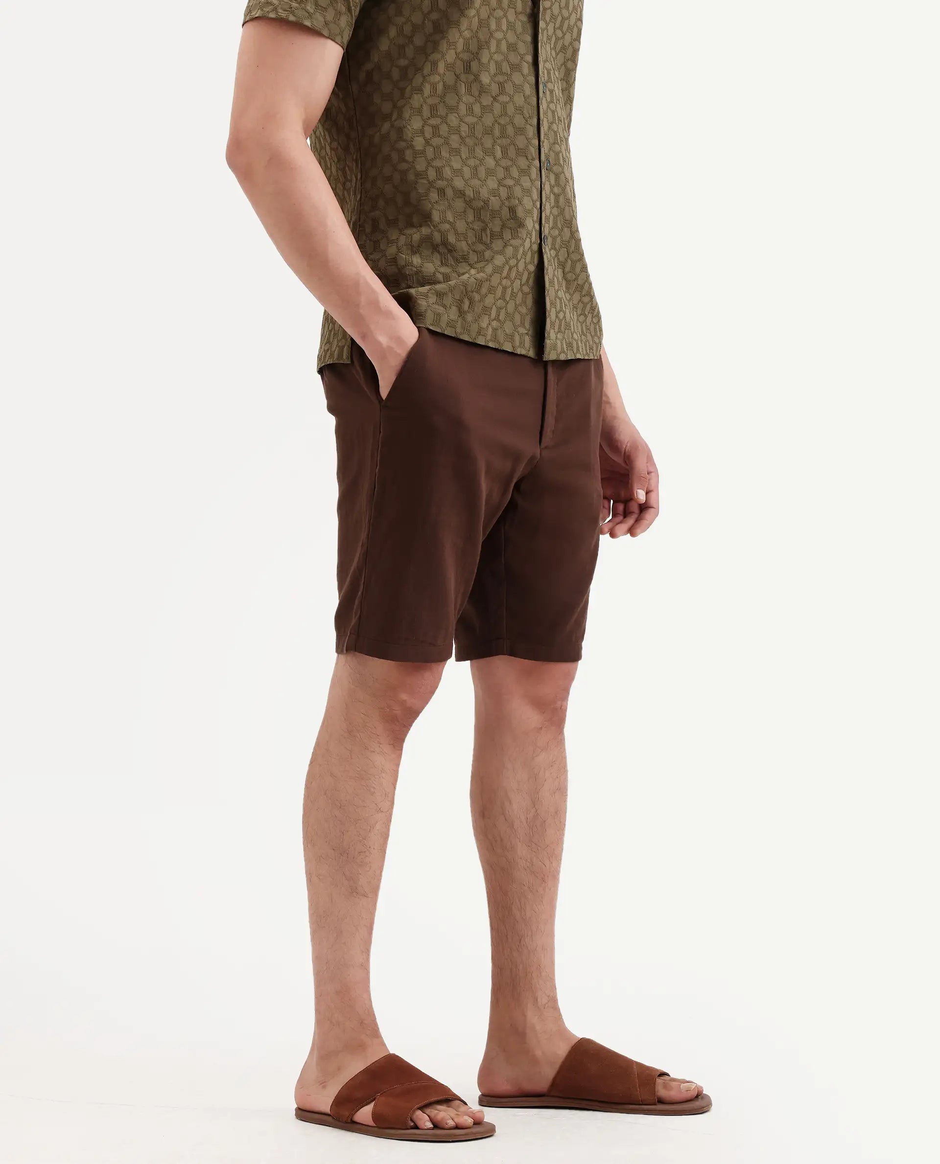 Rare Rabbit Men's Pinto-Ss26 Dark Brown Cotton Fabric Drawstring Relaxed Fit Plain Shorts
