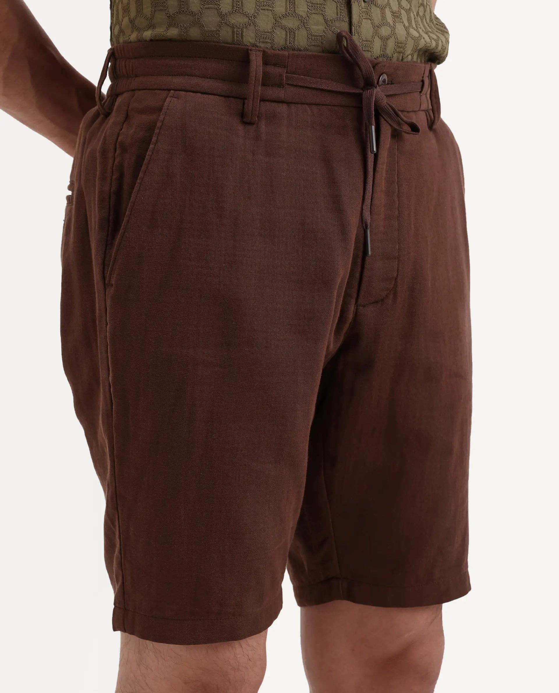 Rare Rabbit Men's Pinto-Ss26 Dark Brown Cotton Fabric Drawstring Relaxed Fit Plain Shorts