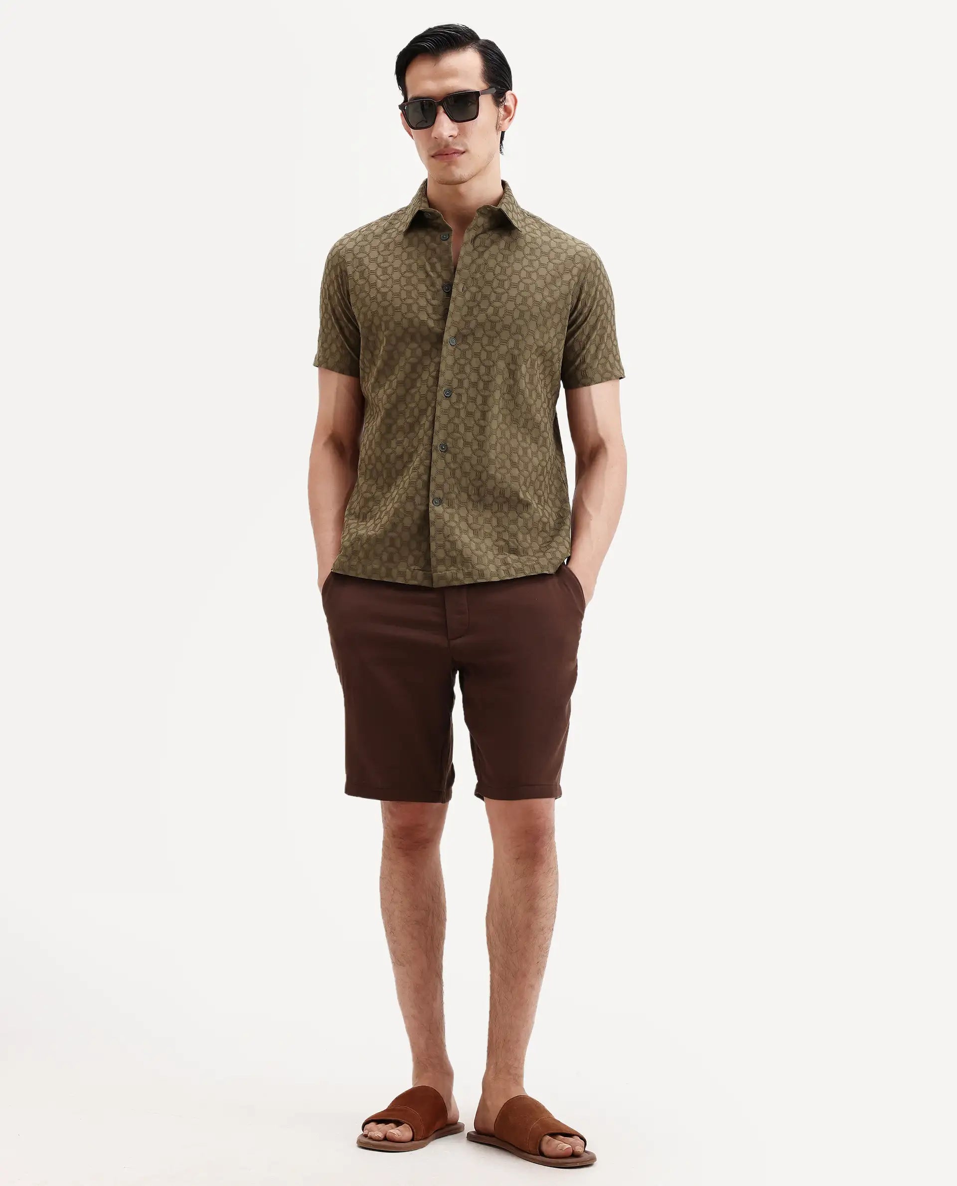 Rare Rabbit Men's Pinto-Ss26 Dark Brown Cotton Fabric Drawstring Relaxed Fit Plain Shorts