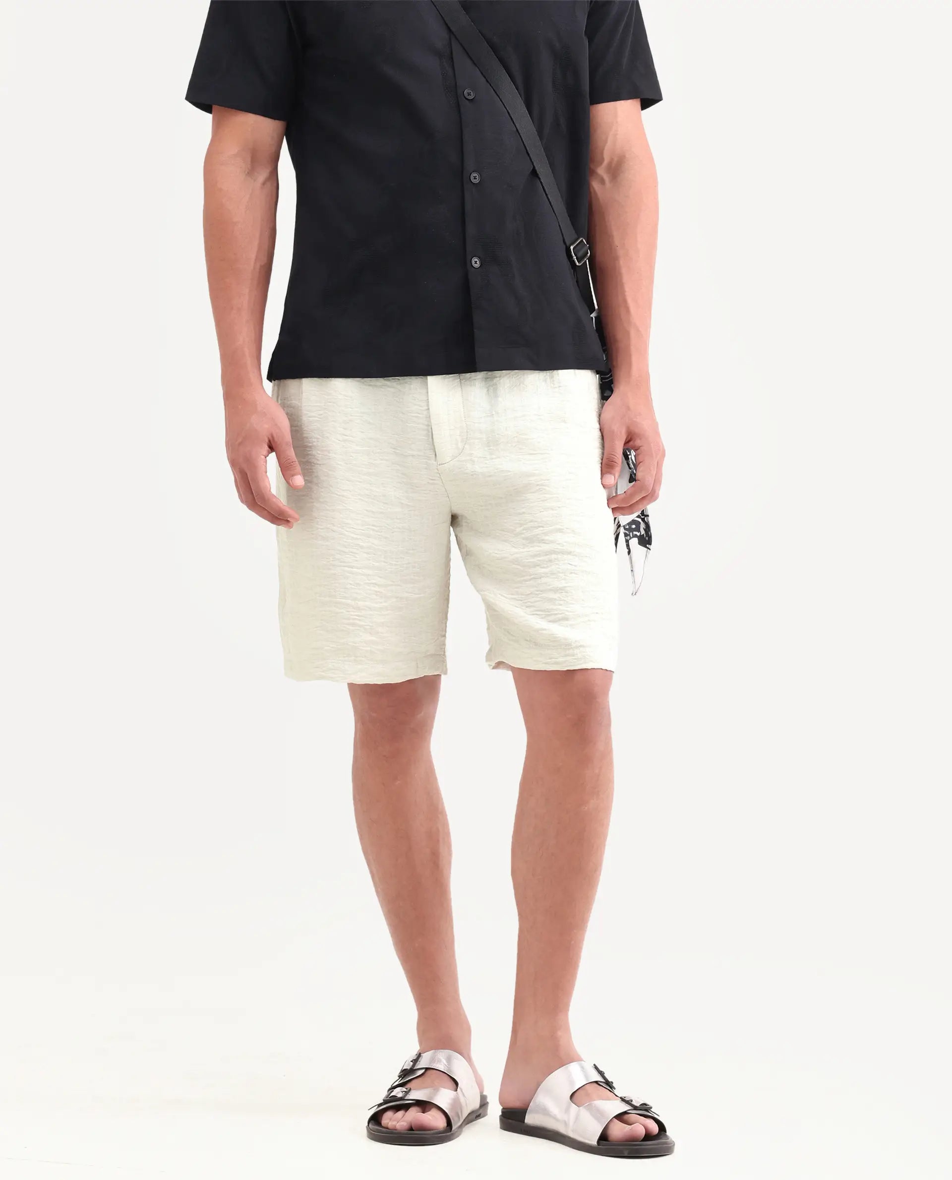 Rare Rabbit Men's Veon-St Off White Viscose Blend Fabric Relaxed Fit Plain Shorts