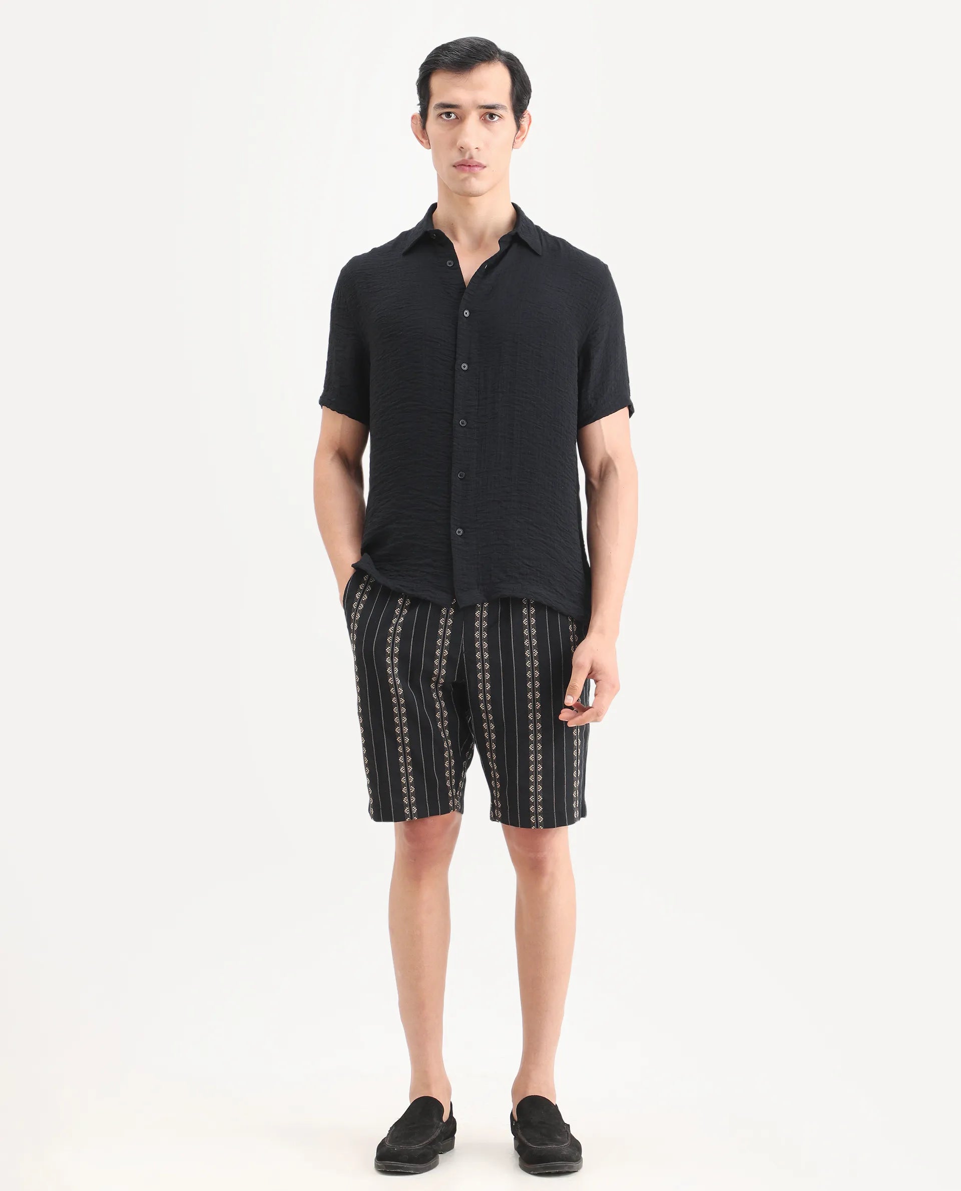 Rare Rabbit Men's Tex Black Cotton Fabric Regular Fit Jacquard Shorts