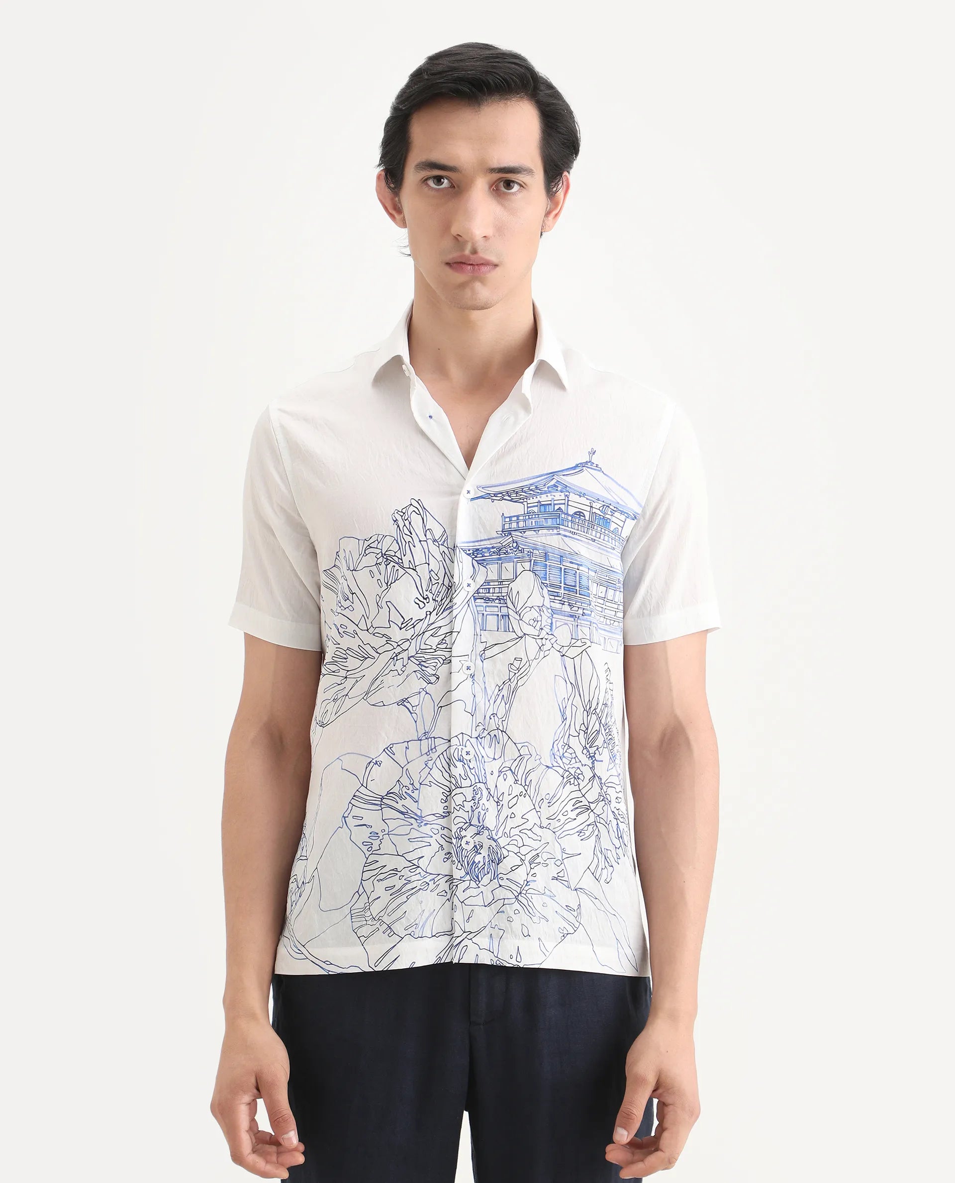 Rare Rabbit Men's Peine White Cotton Fabric Half Sleeve Spread Collar Regular Fit Graphic Print Shirt