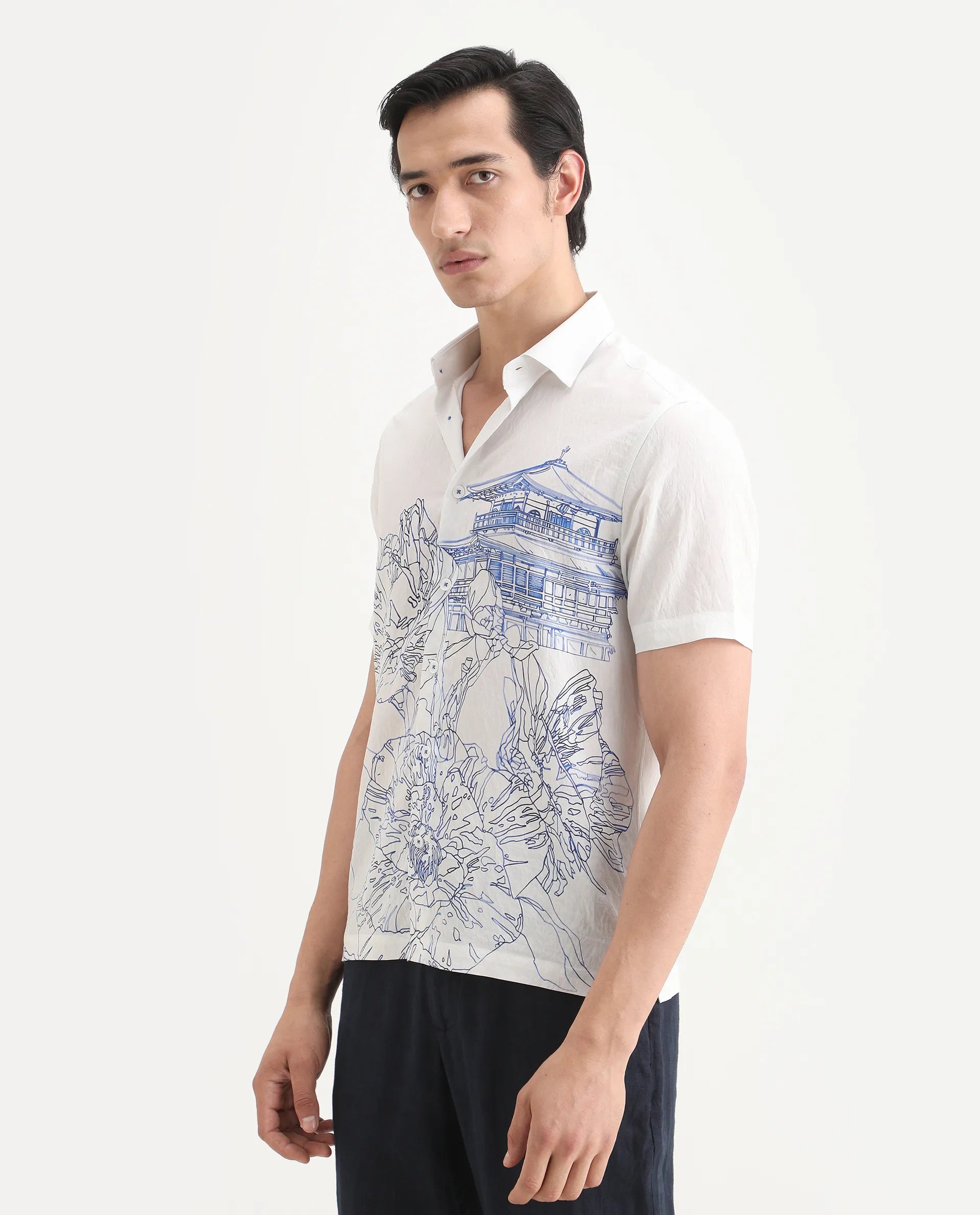 Rare Rabbit Men's Peine White Cotton Fabric Half Sleeve Spread Collar Regular Fit Graphic Print Shirt