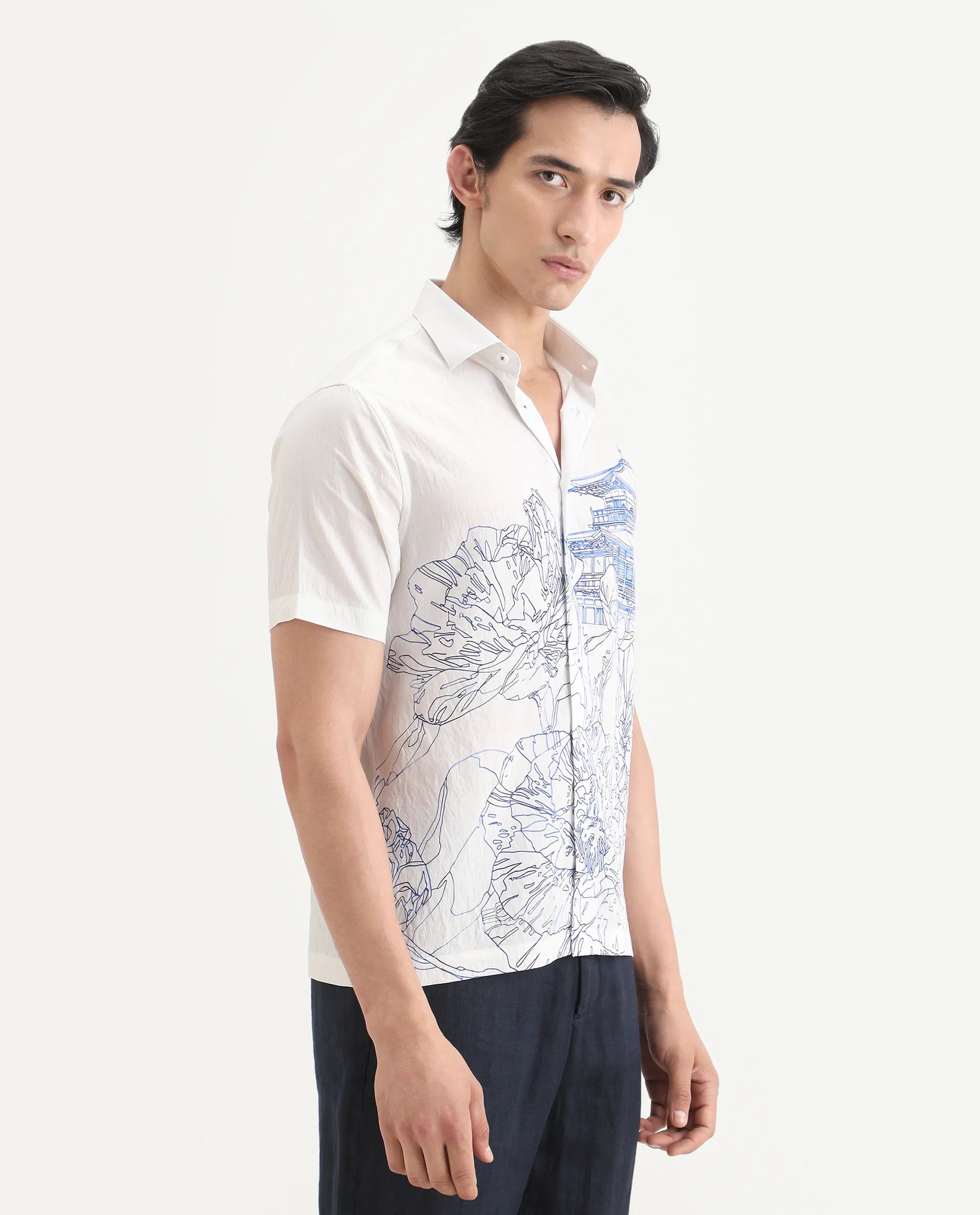 Rare Rabbit Men's Peine White Cotton Fabric Half Sleeve Spread Collar Regular Fit Graphic Print Shirt