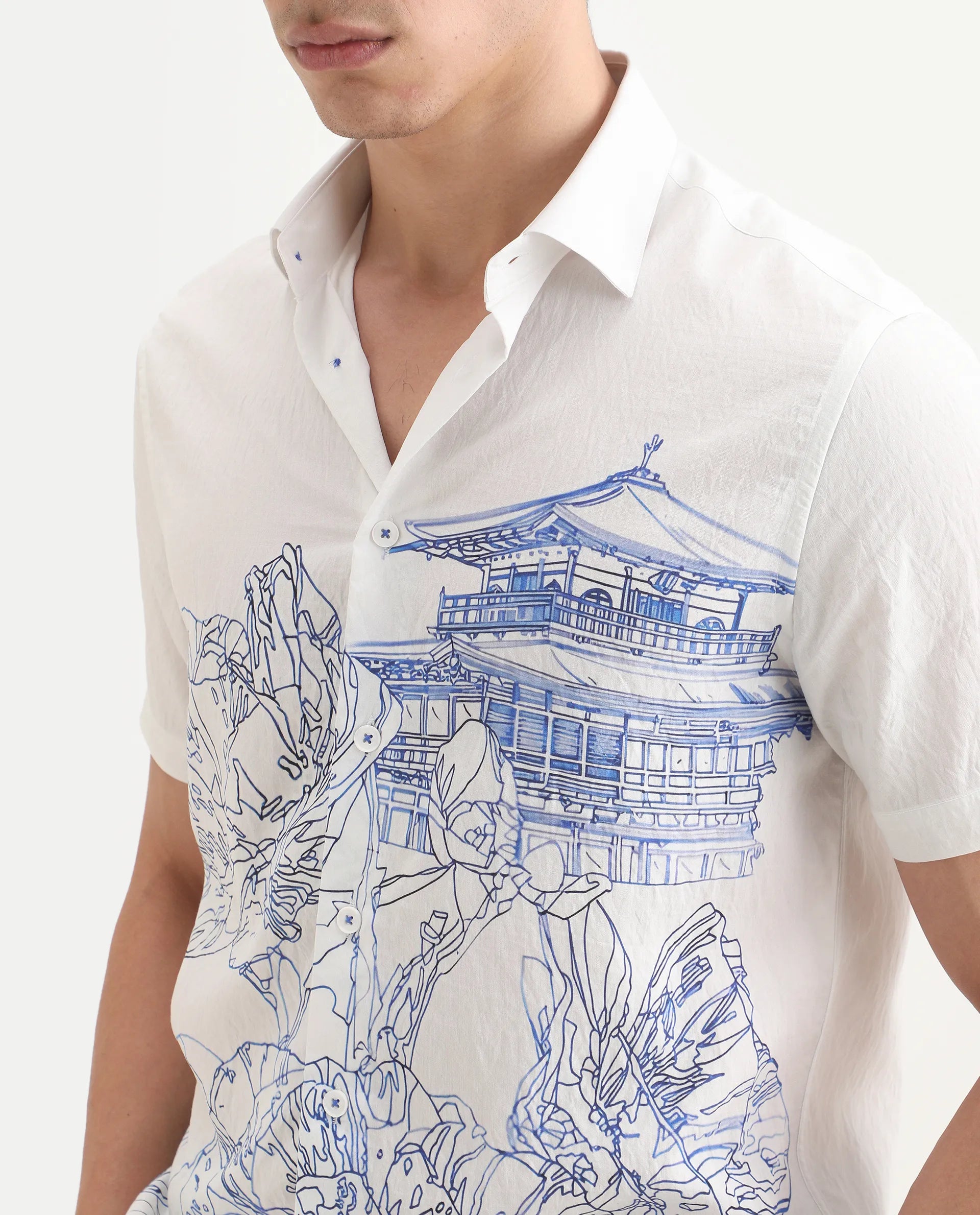 Rare Rabbit Men's Peine White Cotton Fabric Half Sleeve Spread Collar Regular Fit Graphic Print Shirt