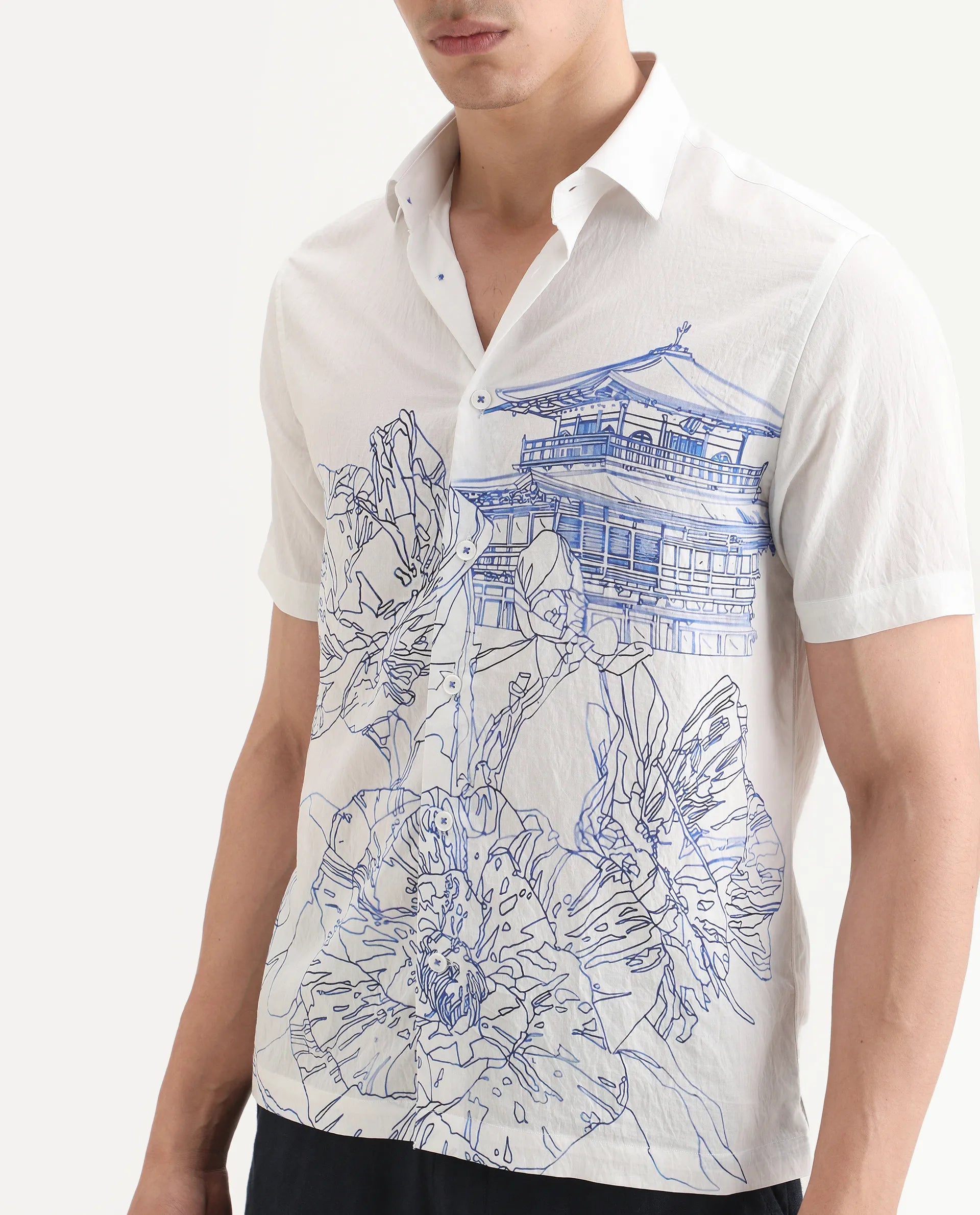 Rare Rabbit Men's Peine White Cotton Fabric Half Sleeve Spread Collar Regular Fit Graphic Print Shirt