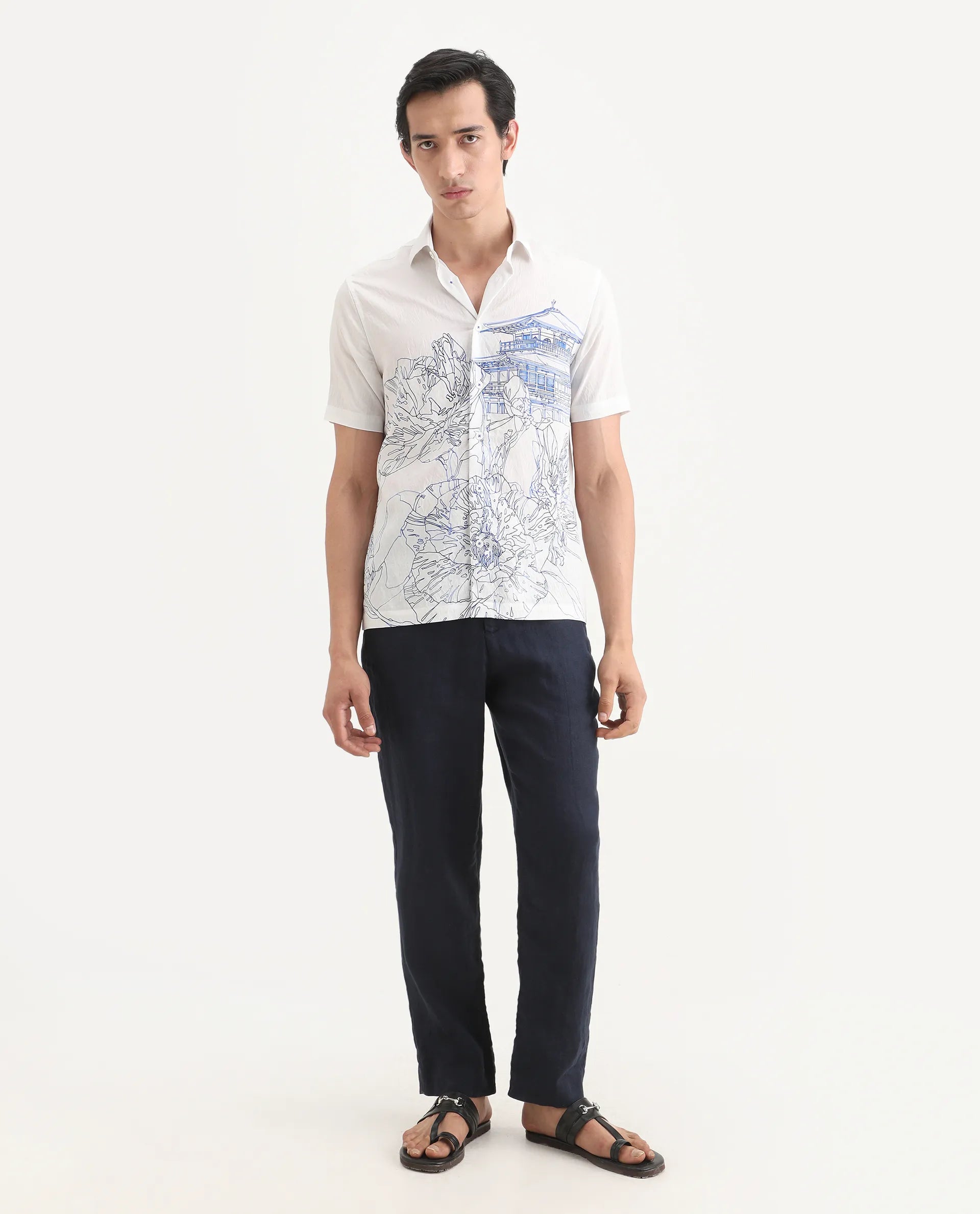 Rare Rabbit Men's Peine White Cotton Fabric Half Sleeve Spread Collar Regular Fit Graphic Print Shirt