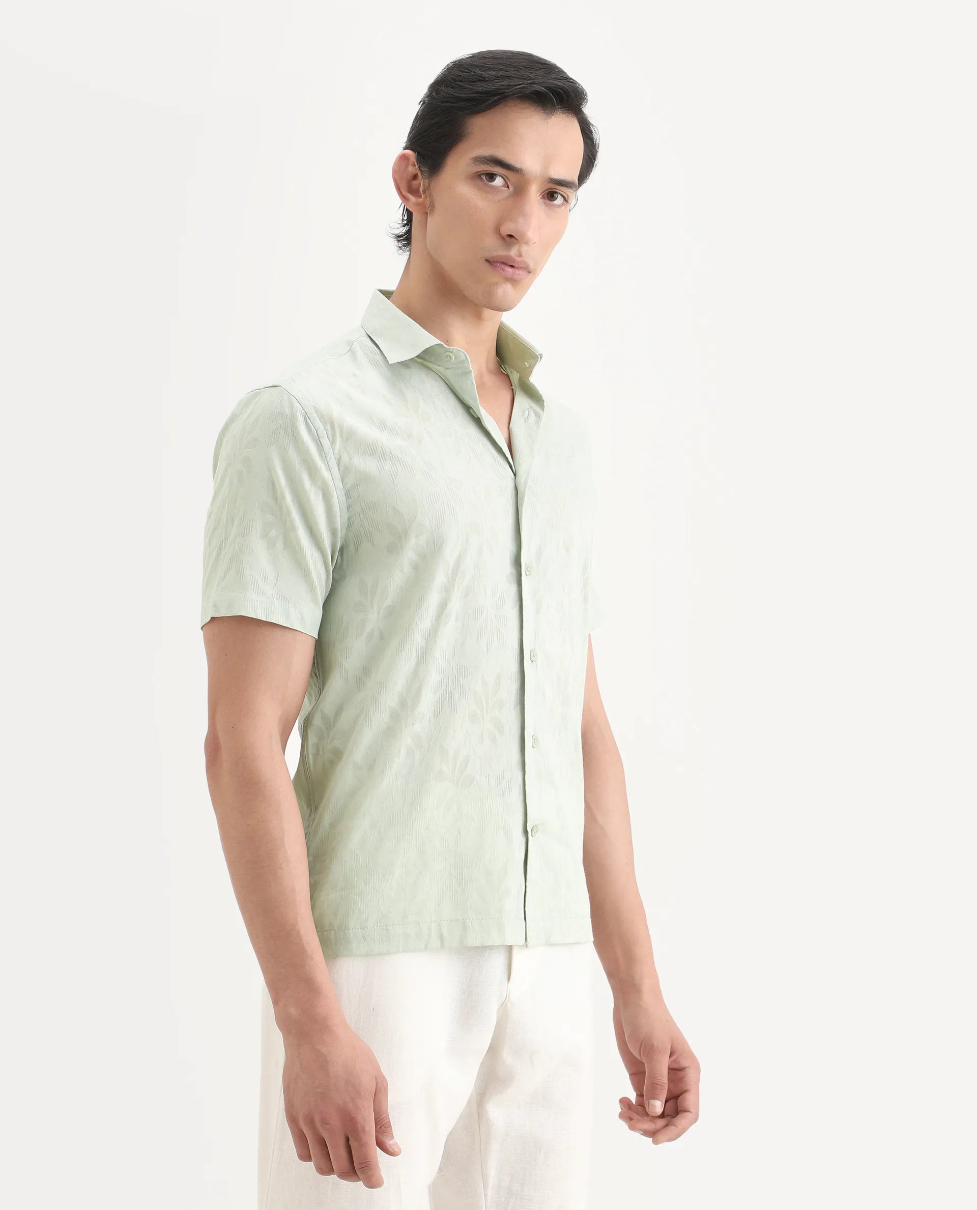 Rare Rabbit Men's Ottas Dusky Green Cotton Fabric Half Sleeve Spread Collar Regular Fit Shirt