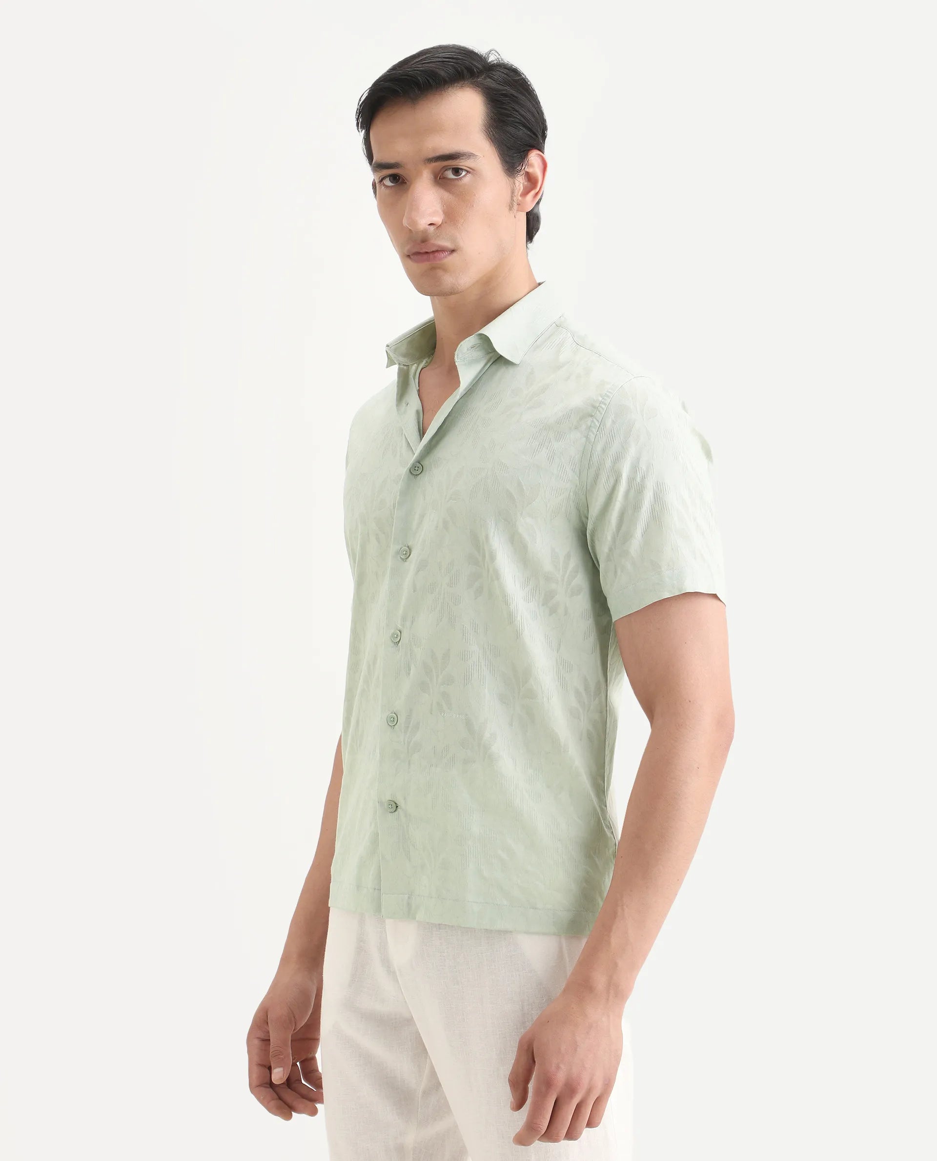 Rare Rabbit Men's Ottas Dusky Green Cotton Fabric Half Sleeve Spread Collar Regular Fit Shirt