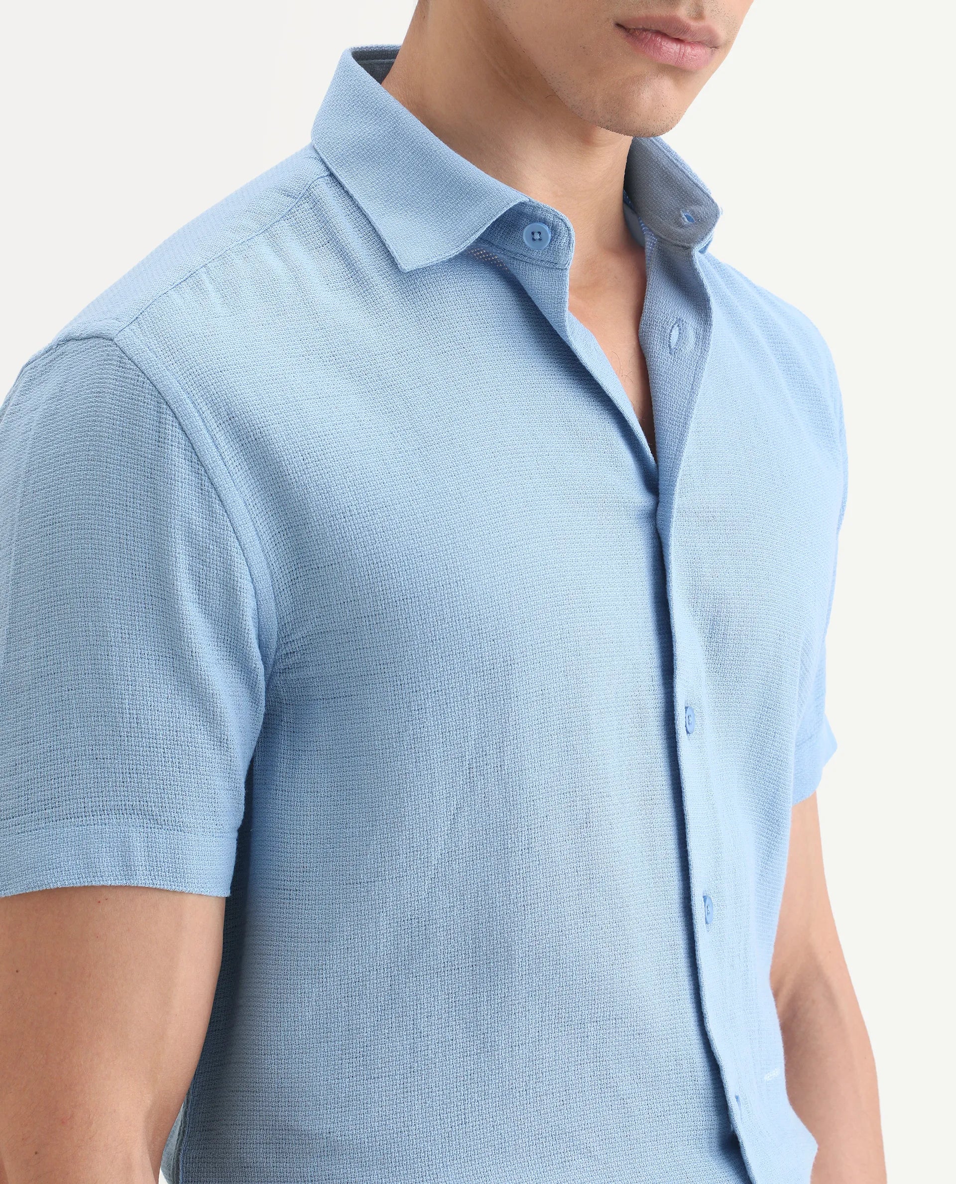Rare Rabbit Men's Rends Blue Cotton Fabric Half Sleeve Spread Collar Regular Fit Textured Shirt