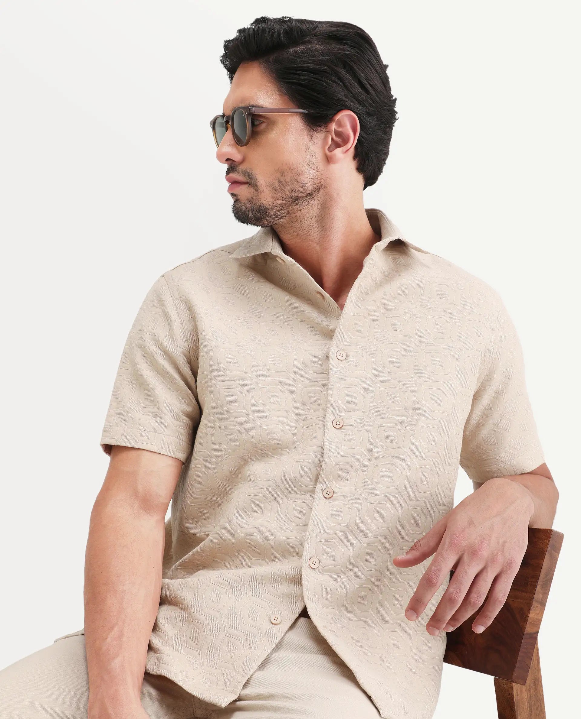 Rare Rabbit Men's Wedel Beige Cotton Fabric Half Sleeve Spread Collar Regular Fit Jacquard Shirt