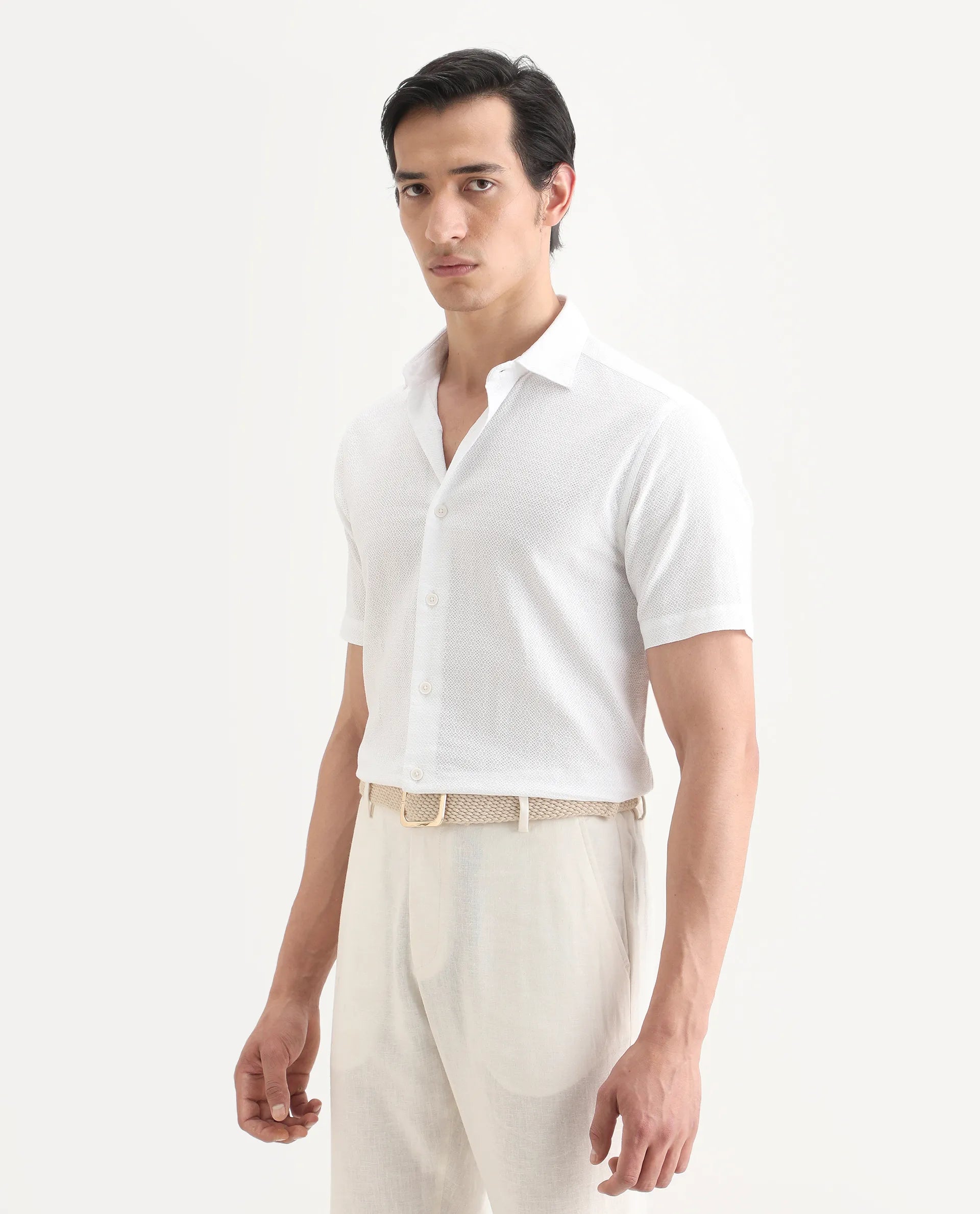 Rare Rabbit Men's Volda White Cotton Fabric Half Sleeve Spread Collar Regular Fit Textured Shirt