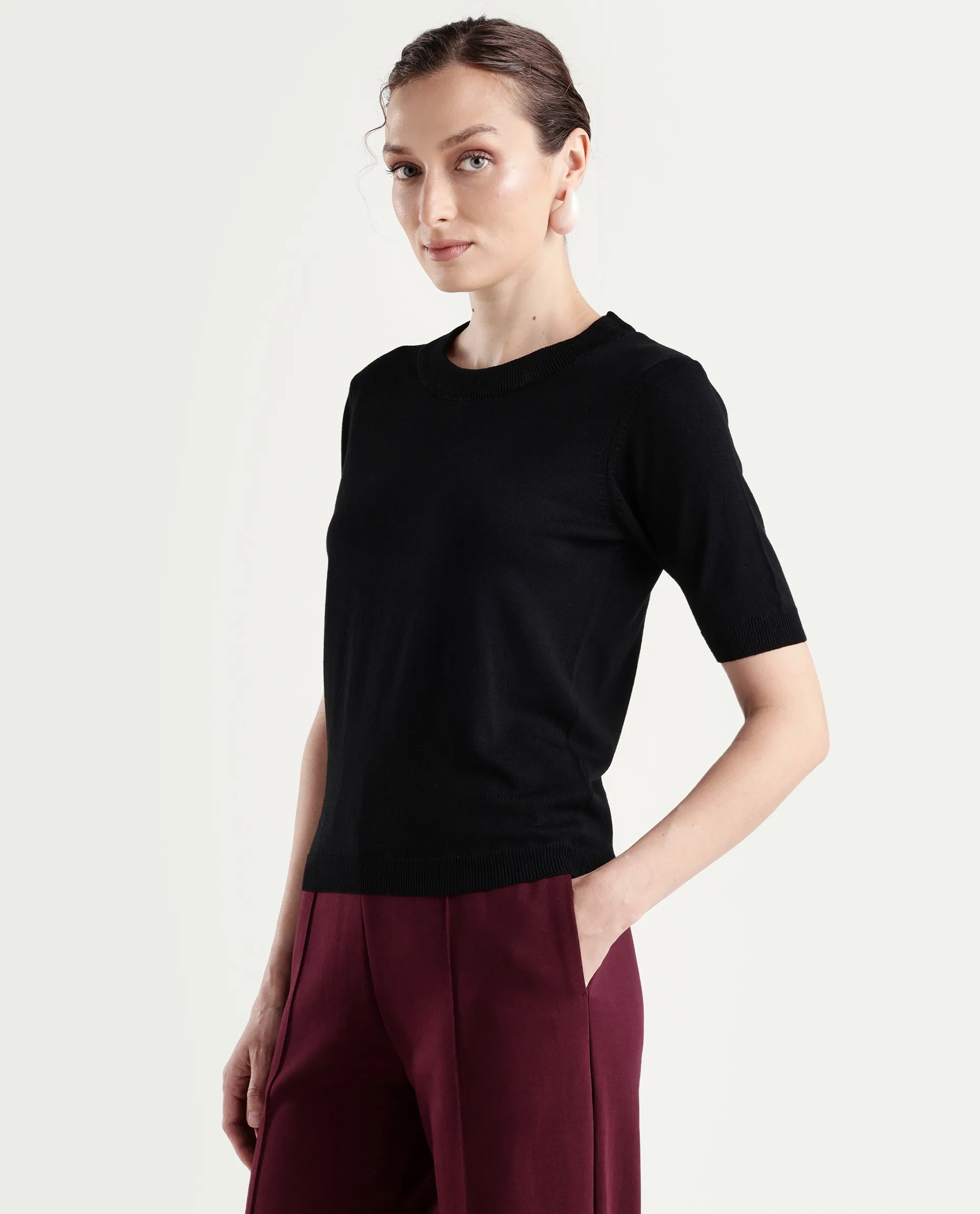 Rareism Women's Sohrdo Black Nylon Blend Half Sleeve Crew Neck Regular Fit Plain Top
