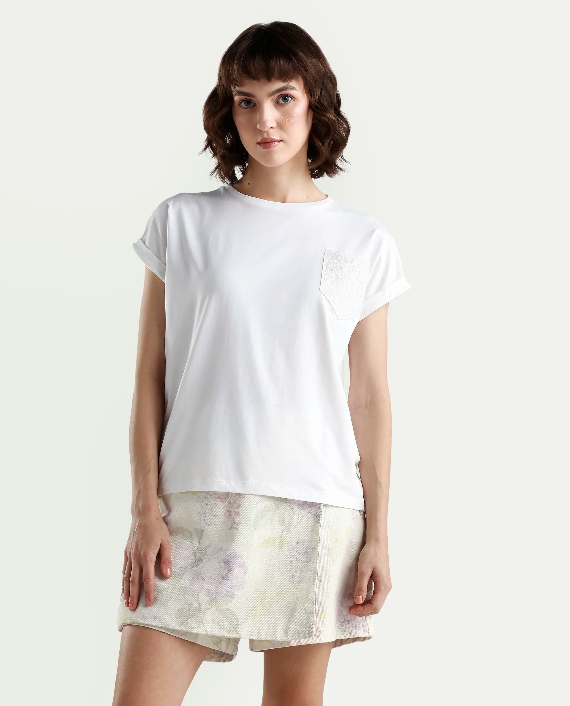 Rareism Women's Off White White Cotton Blend Half Sleeve Relaxed Fit Plain T-Shirt