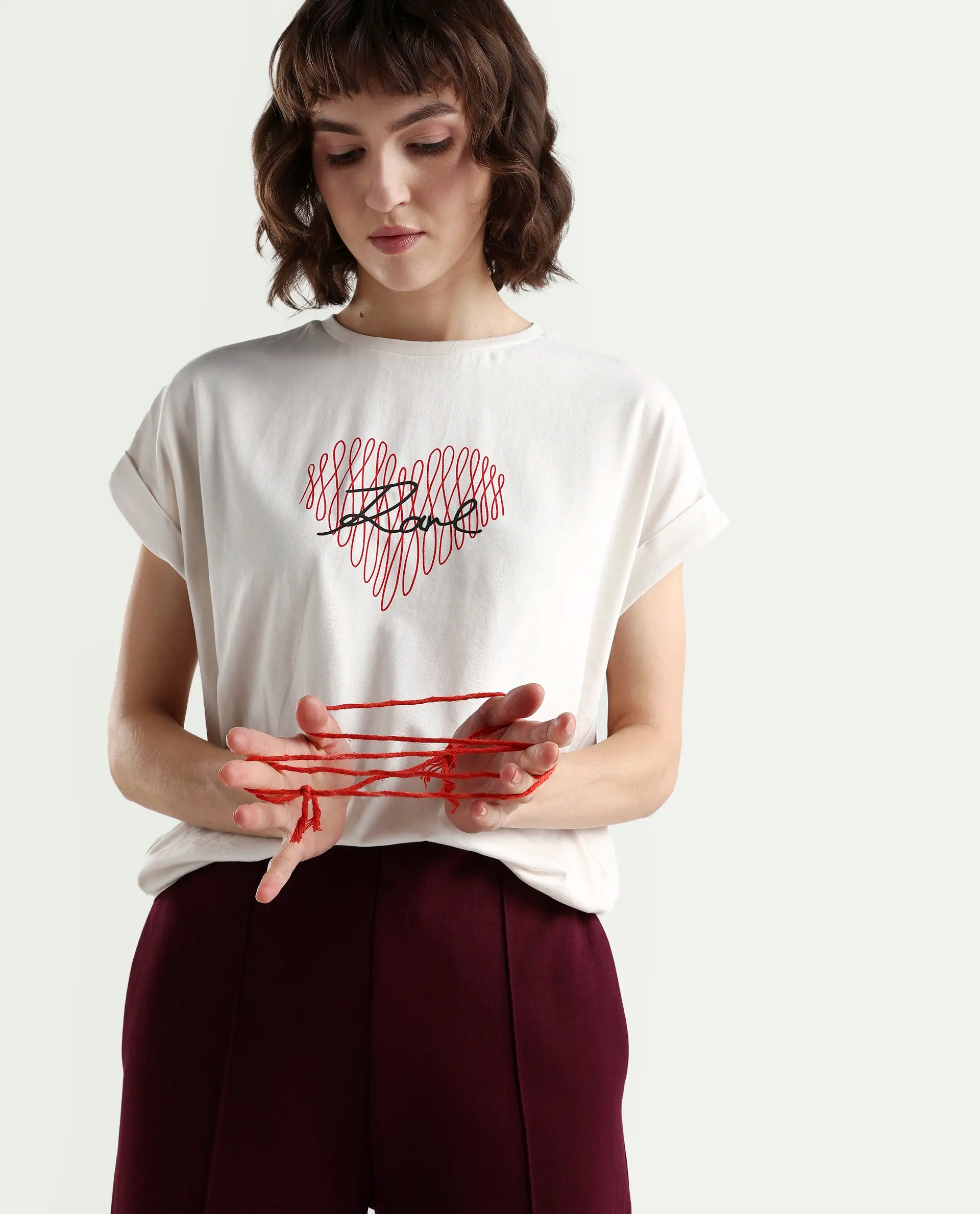 Rareism Women's Zeen Off White Cotton Half Sleeve Relaxed Fit Object Print T-Shirt
